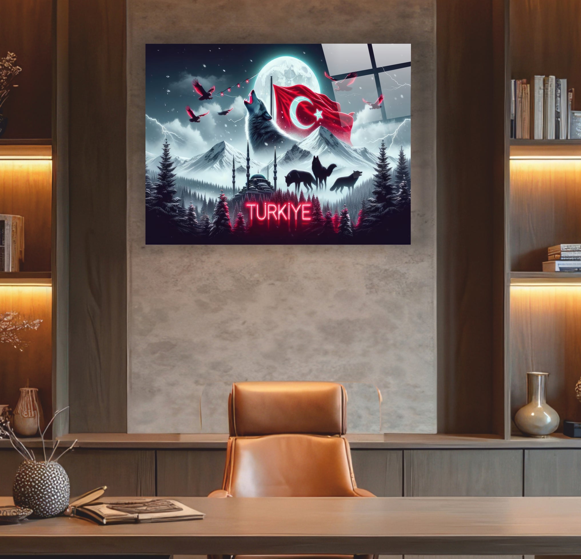 OSMANLI-8 Türkiye Bozkurt ve Ay Yıldız Temalı Dekoratif Cam Tablo