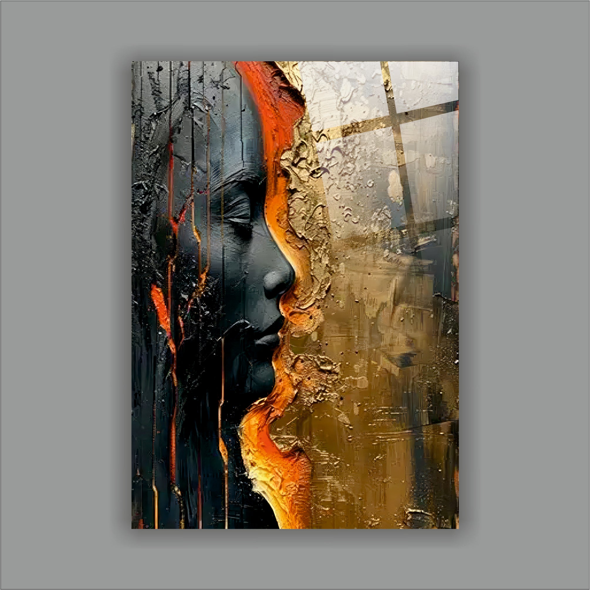 Altın ve Turuncu Dokulu Soyut Kadın Cam Tablo