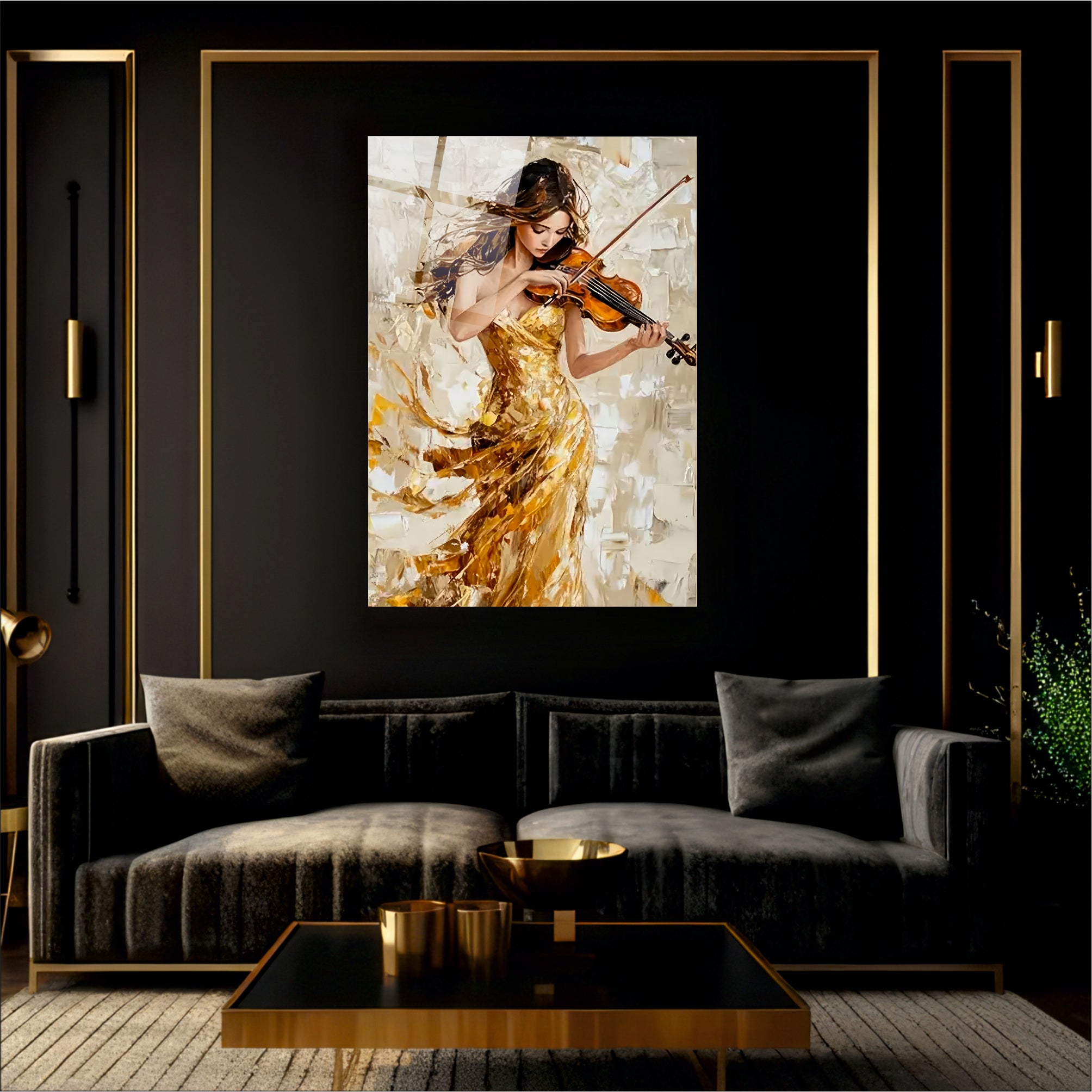 Altın Elbiseli Kemancı Kadın Cam Tablo
