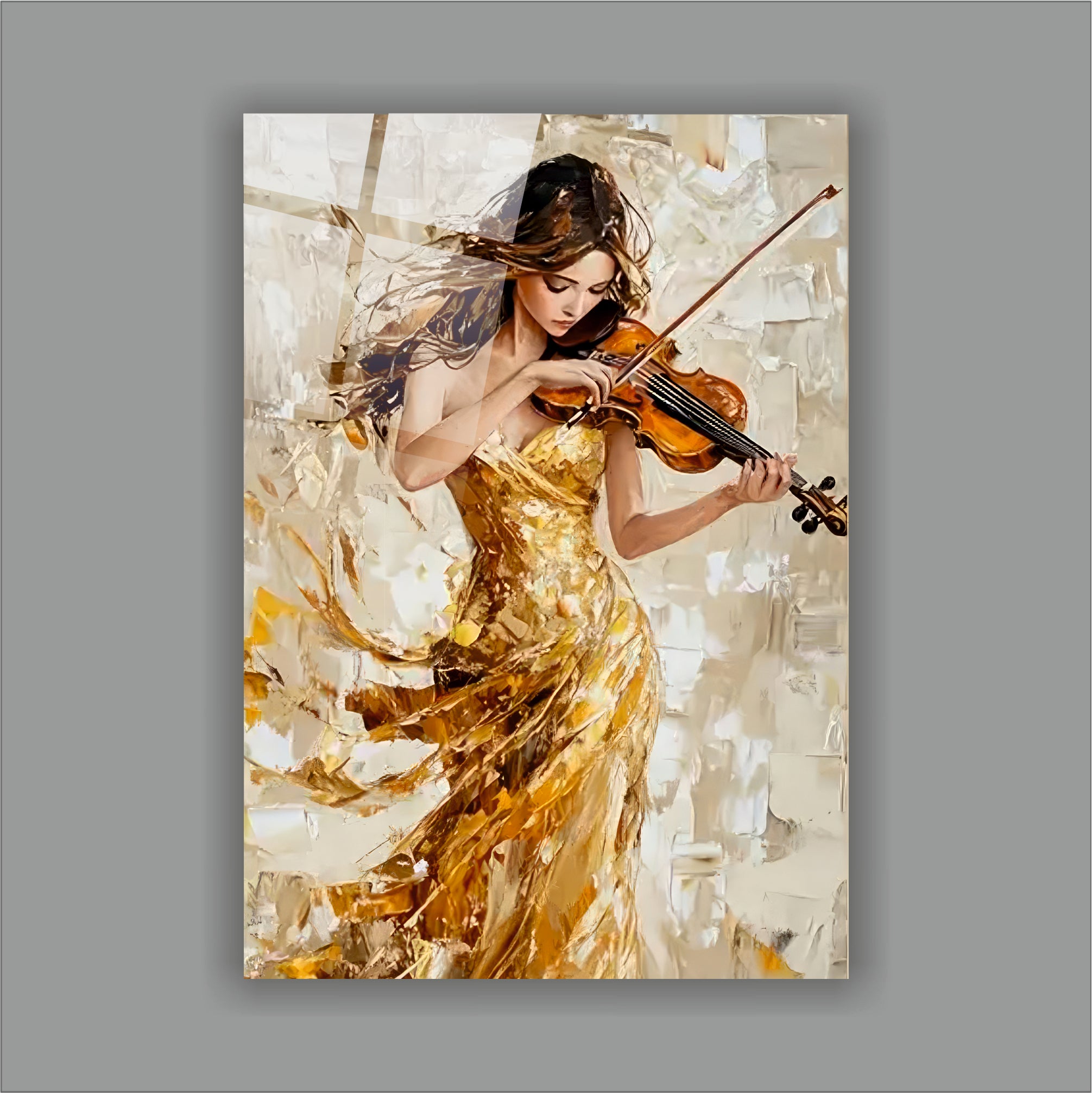 Altın Elbiseli Kemancı Kadın Cam Tablo