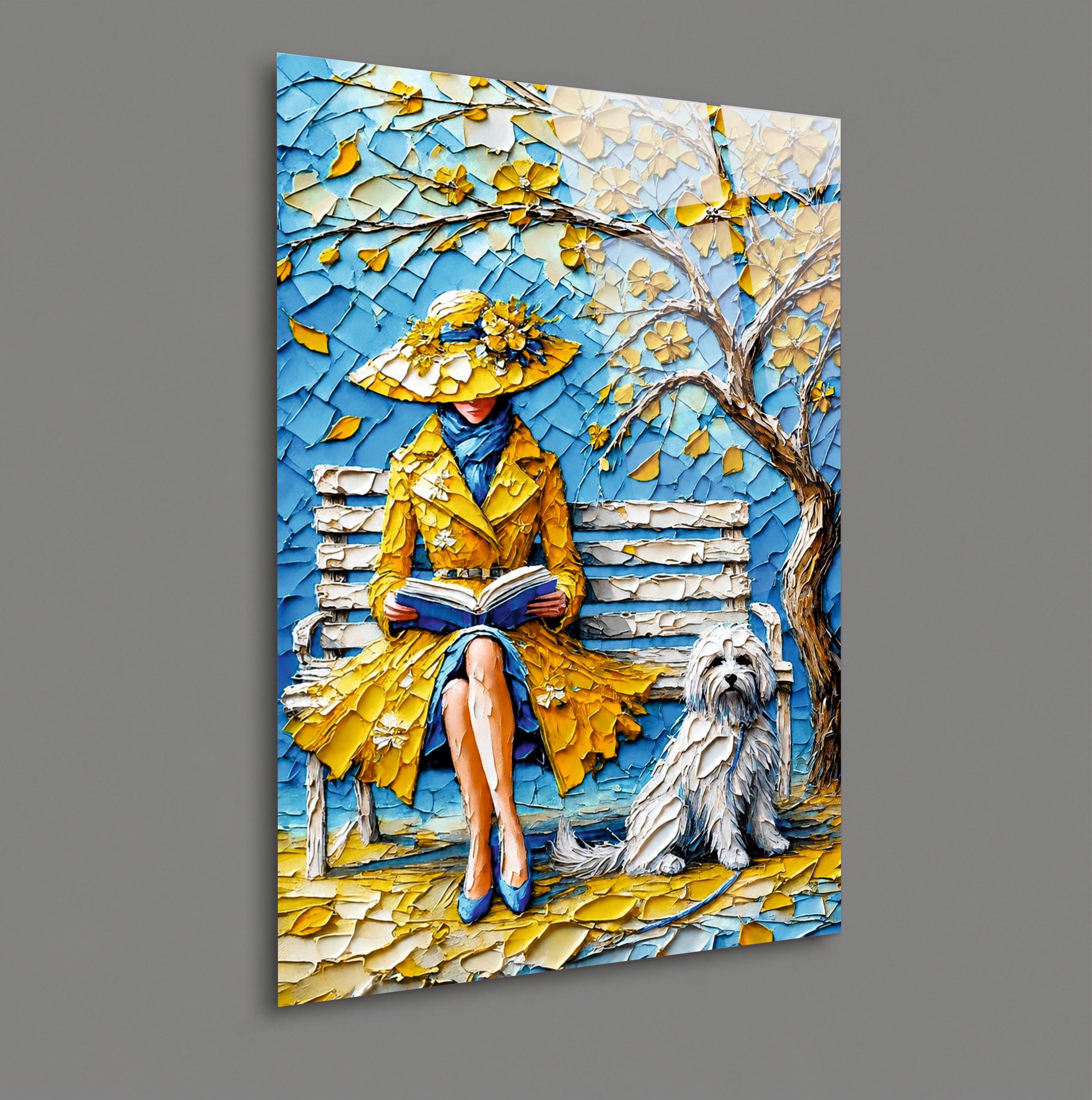 POPÜLER-103 Kitap Okuyan Kadın ve Köpek Temalı Cam Tablo