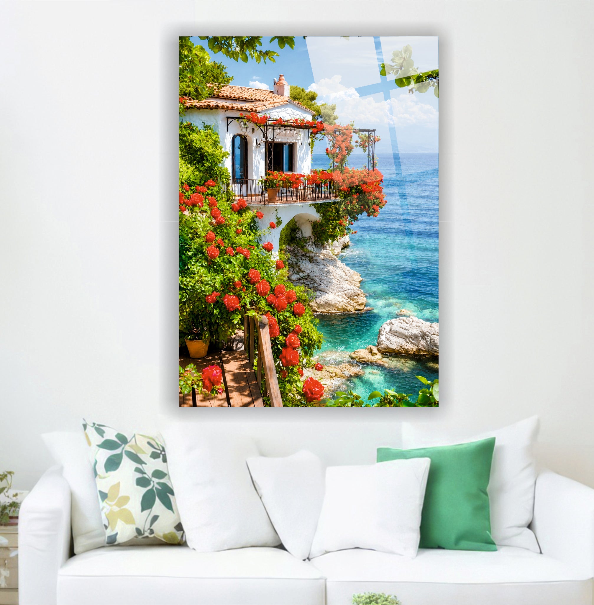 POPÜLER-109 Deniz Manzaralı Çiçekli Sahil Evi Cam Tablo