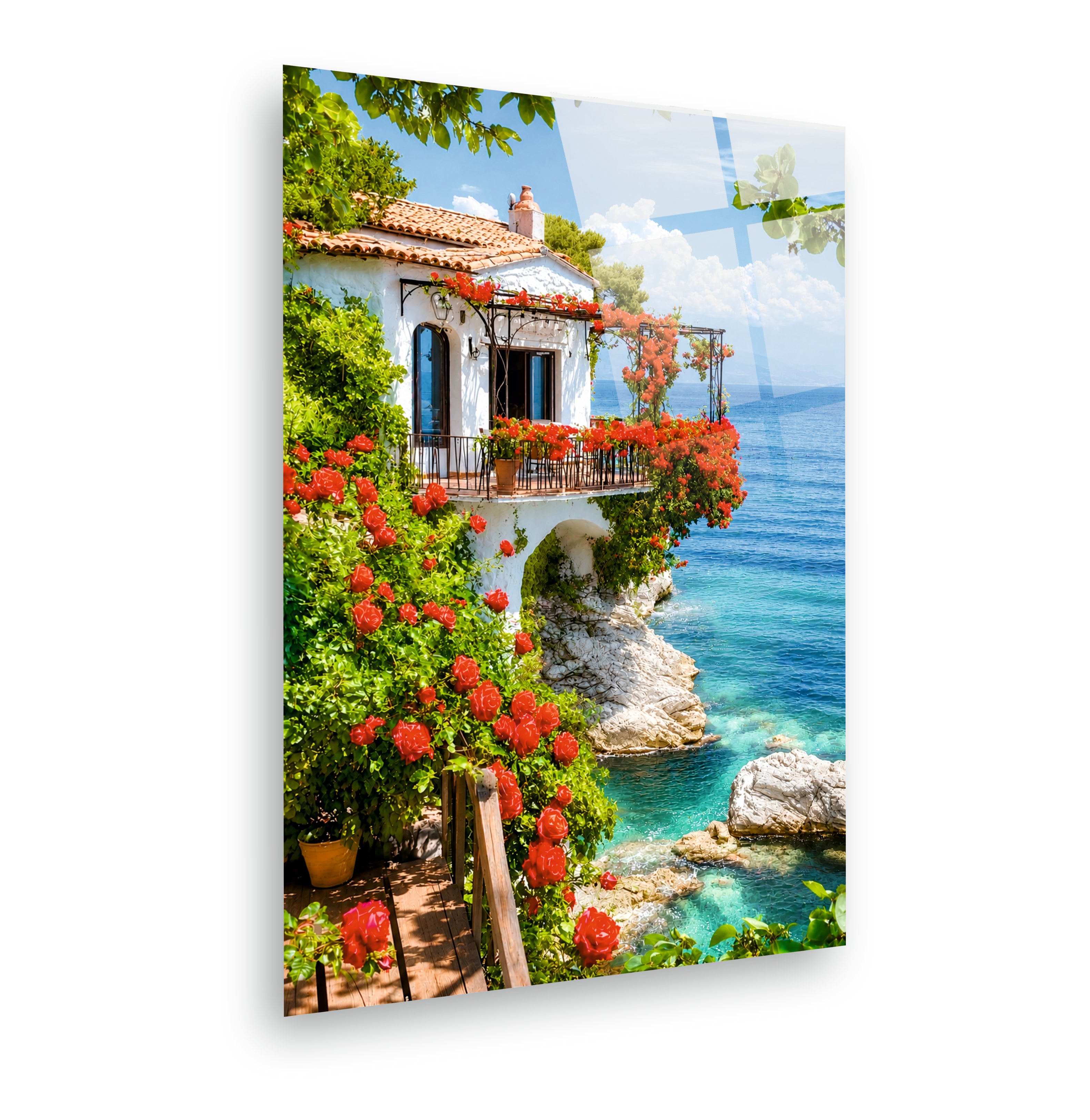 POPÜLER-109 Deniz Manzaralı Çiçekli Sahil Evi Cam Tablo