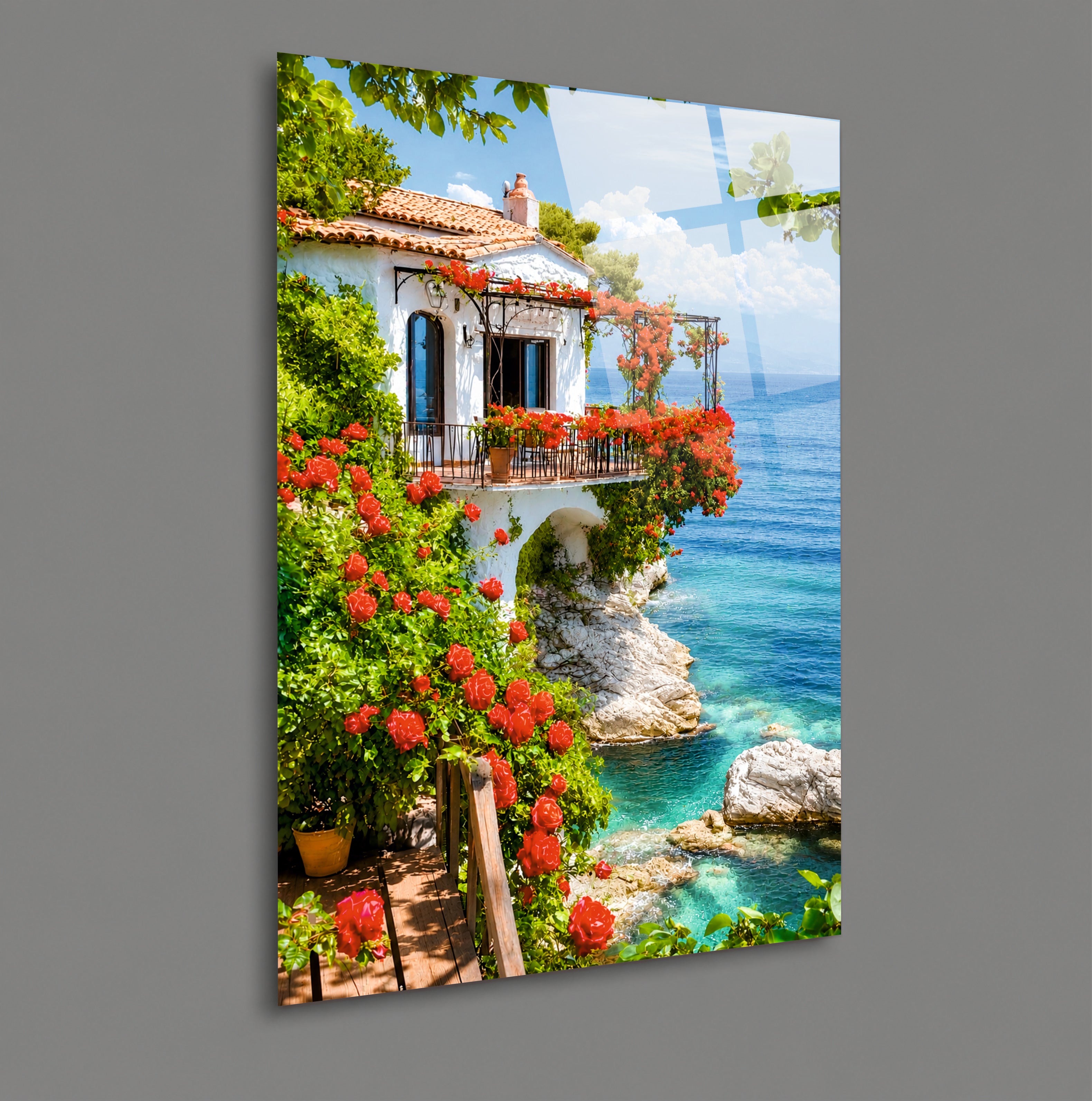 POPÜLER-109 Deniz Manzaralı Çiçekli Sahil Evi Cam Tablo
