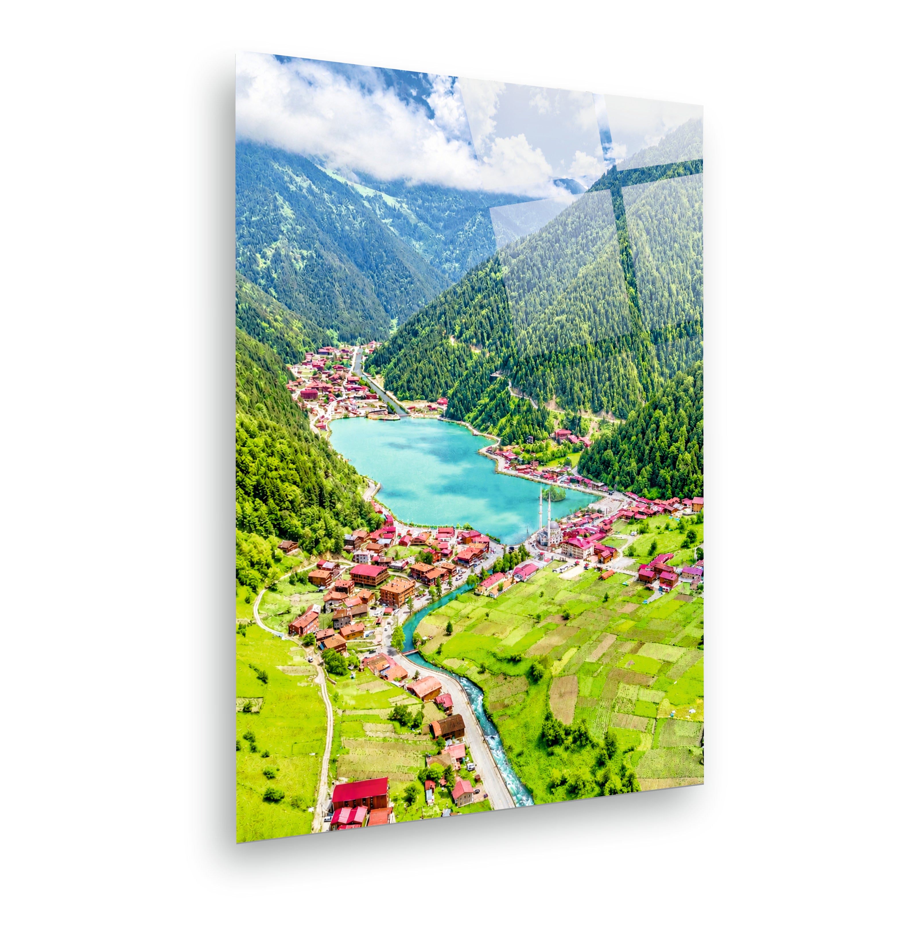 POPÜLER-117 Uzungöl ve Yeşil Dağlar Manzaralı Cam Tablo
