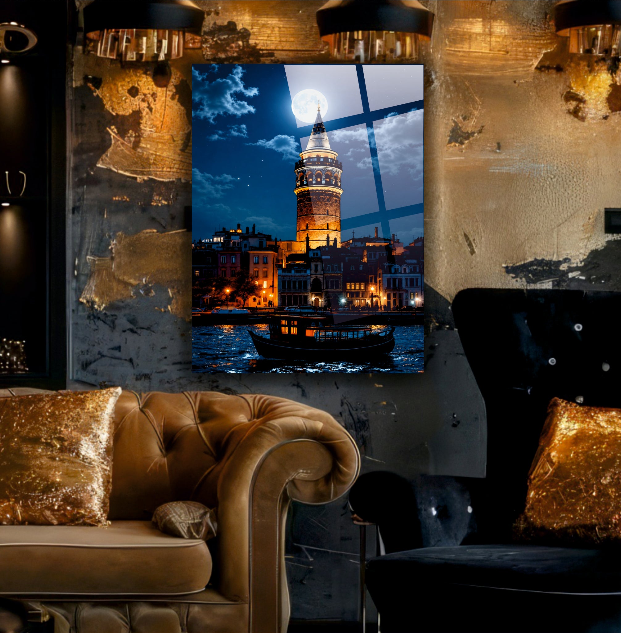 POPÜLER-118 Dolunaylı Galata Kulesi Gece Manzarası Cam Tablo