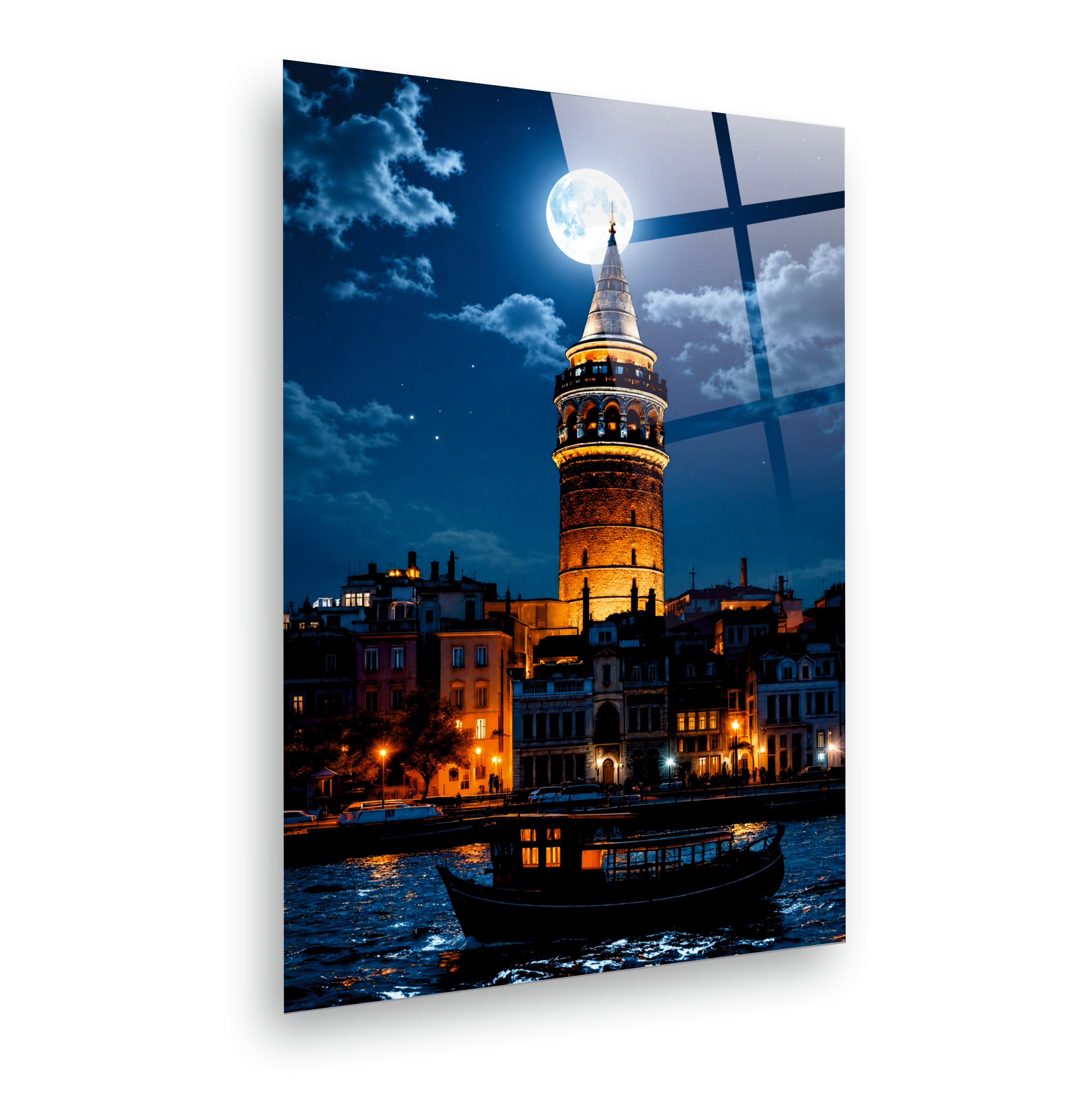 POPÜLER-118 Dolunaylı Galata Kulesi Gece Manzarası Cam Tablo