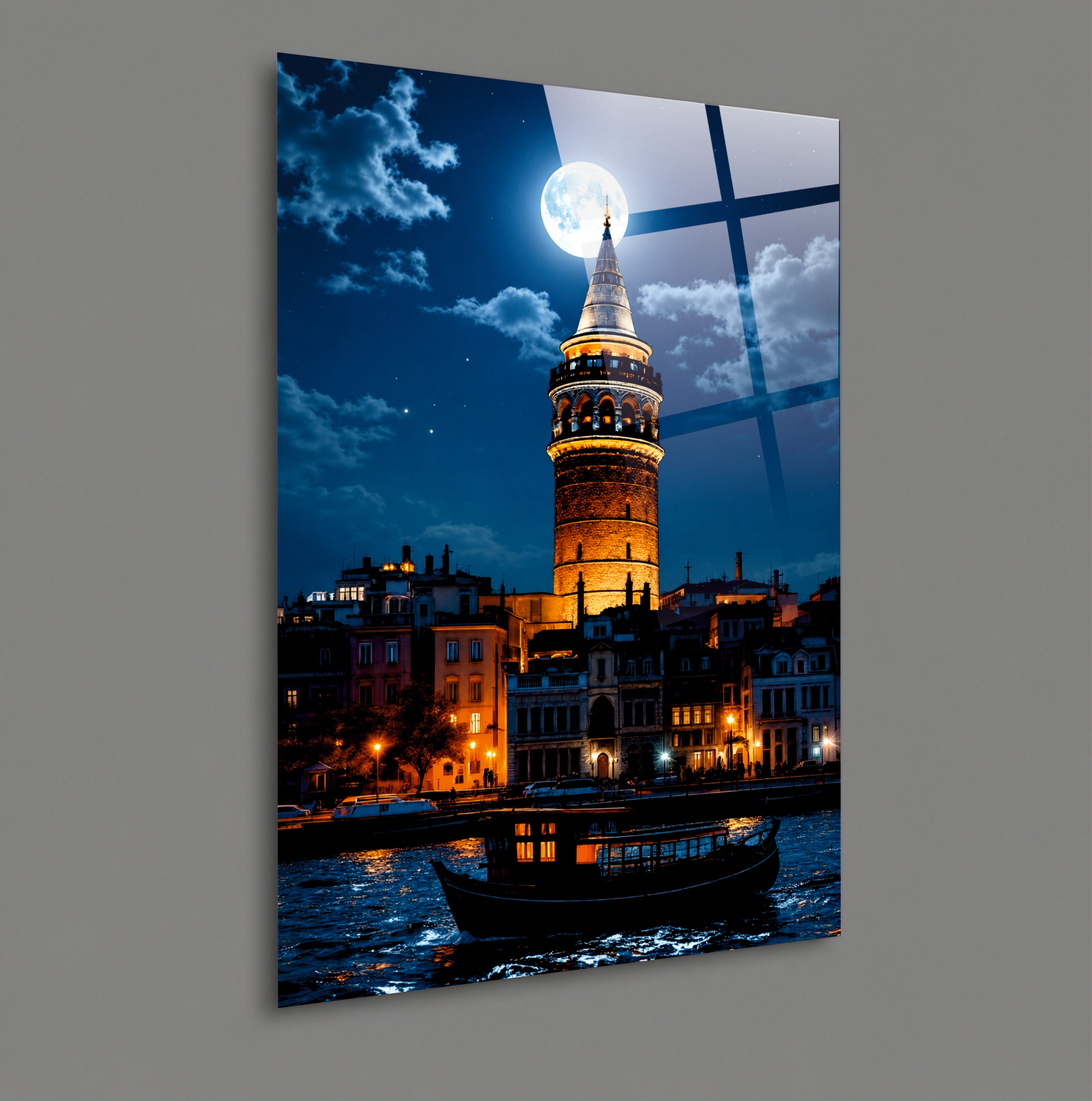 POPÜLER-118 Dolunaylı Galata Kulesi Gece Manzarası Cam Tablo