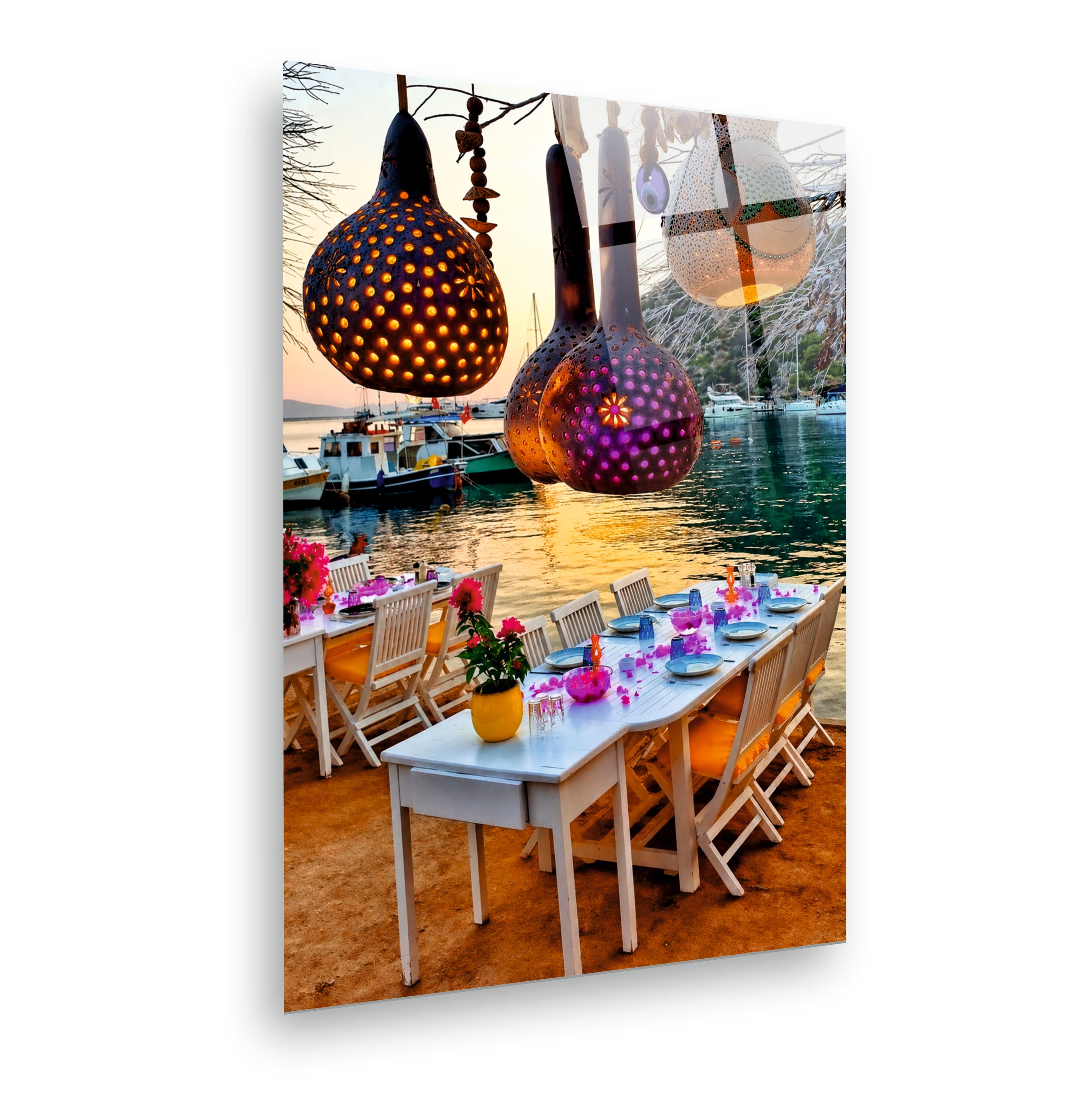 POPÜLER-122 Sahil Restoranı ve Dekoratif Fenerler Cam Tablo