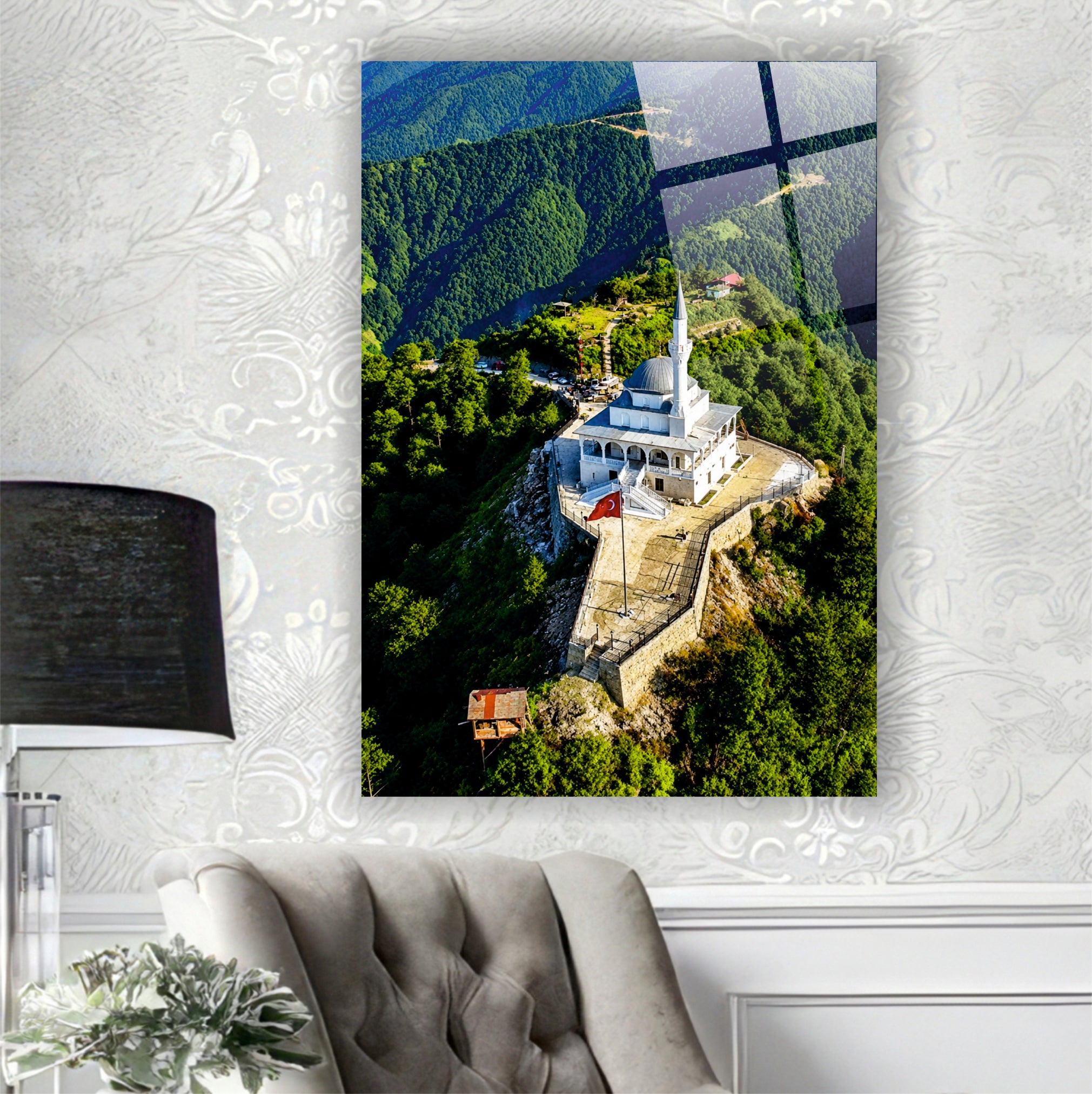 POPÜLER-125 Dağ Zirvesinde Cami ve Türk Bayrağı Cam Tablo