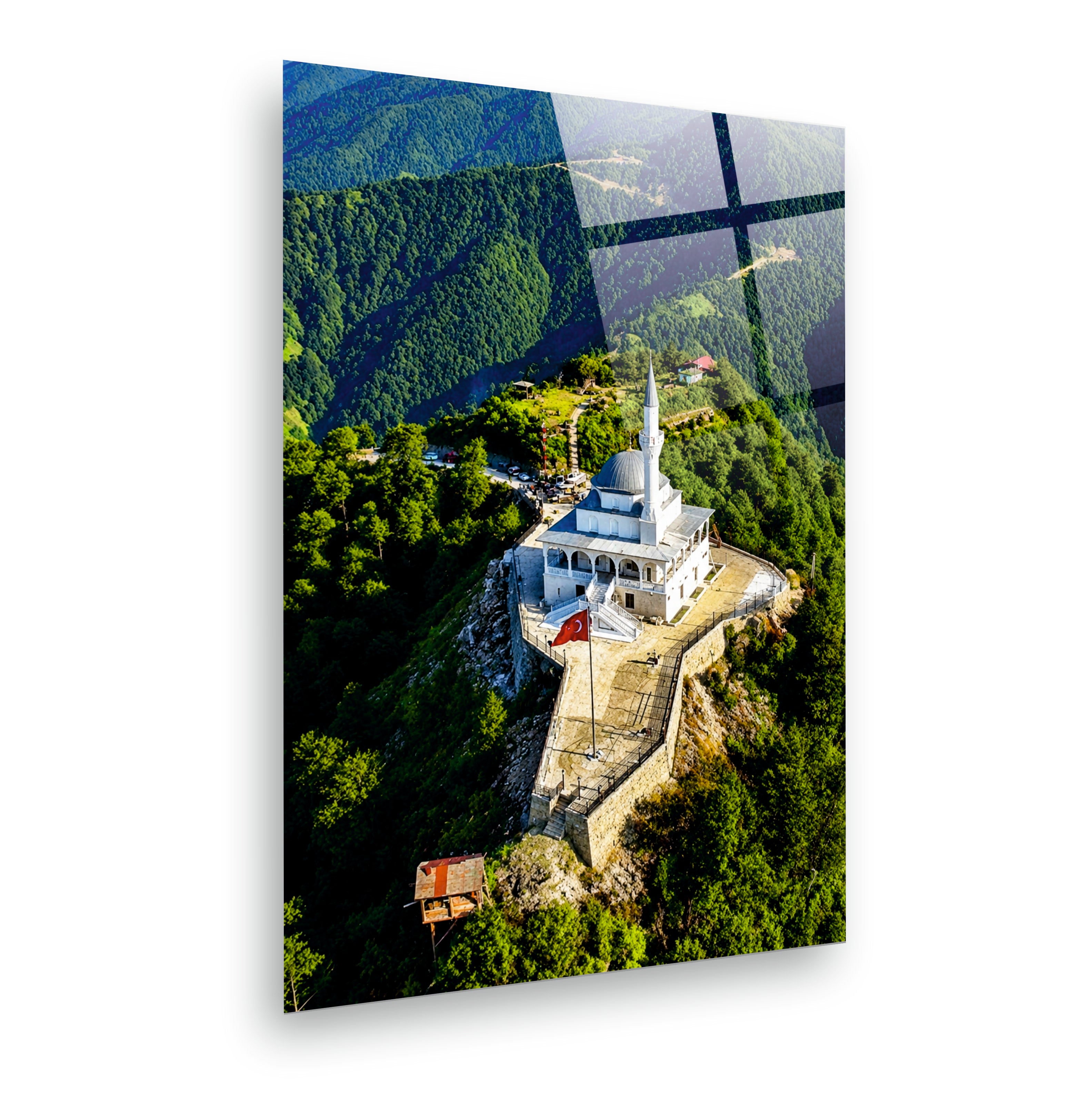 POPÜLER-125 Dağ Zirvesinde Cami ve Türk Bayrağı Cam Tablo