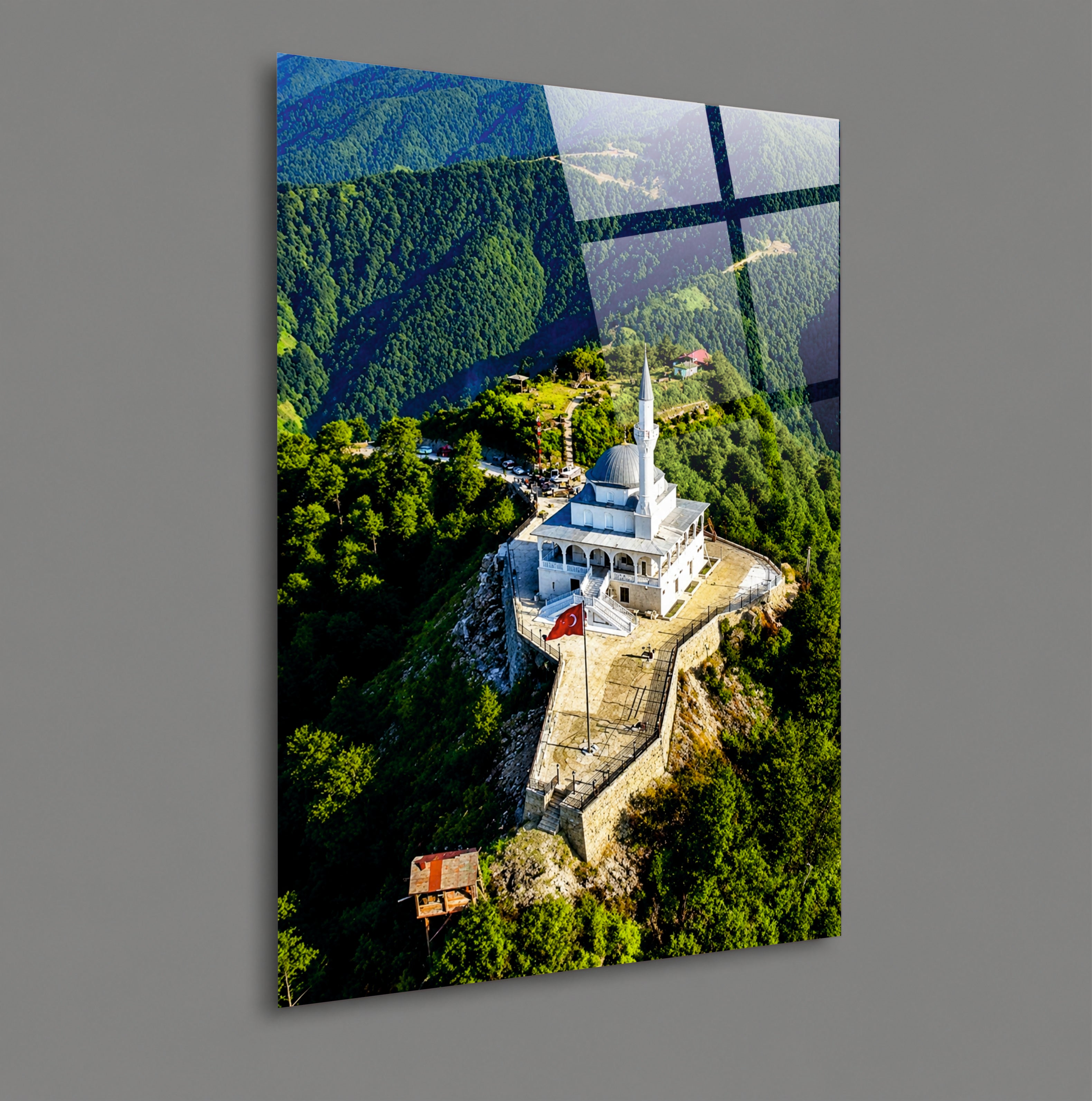 POPÜLER-125 Dağ Zirvesinde Cami ve Türk Bayrağı Cam Tablo