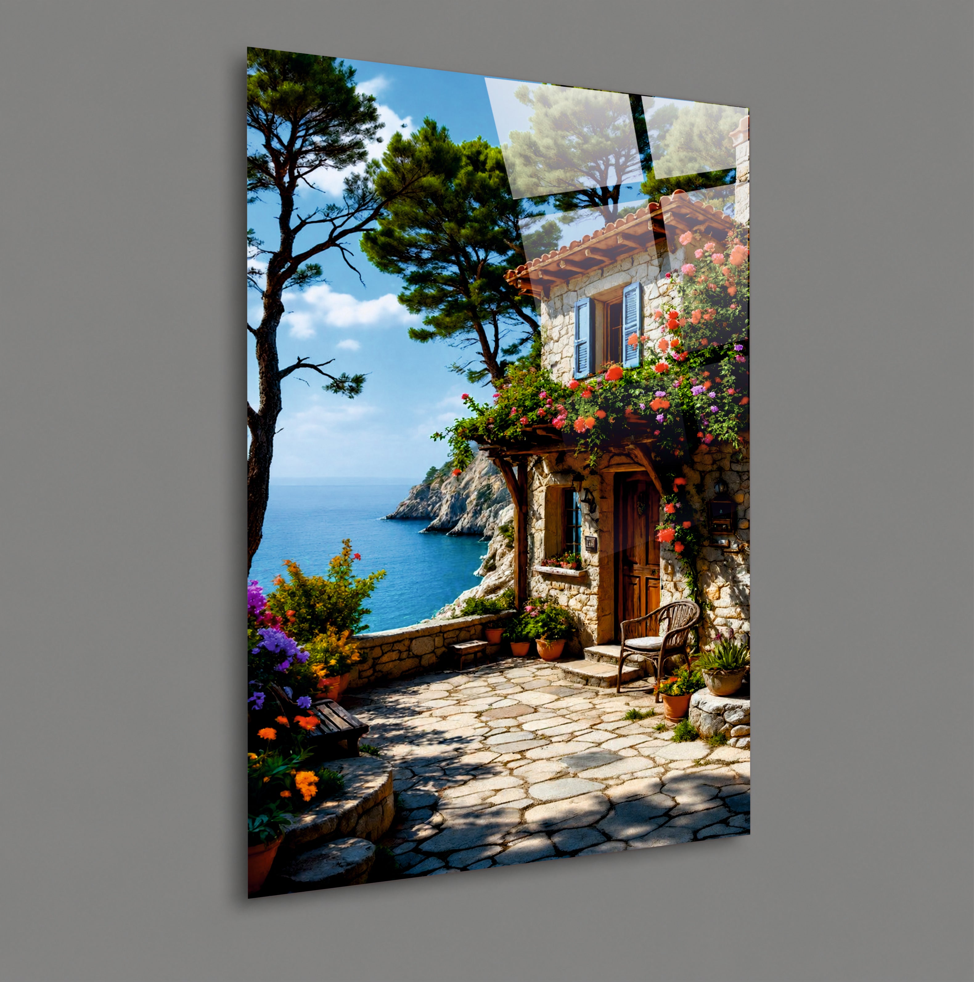 POPÜLER-130 Deniz Manzaralı Taş Ev ve Çiçekli Avlu Cam Tablo