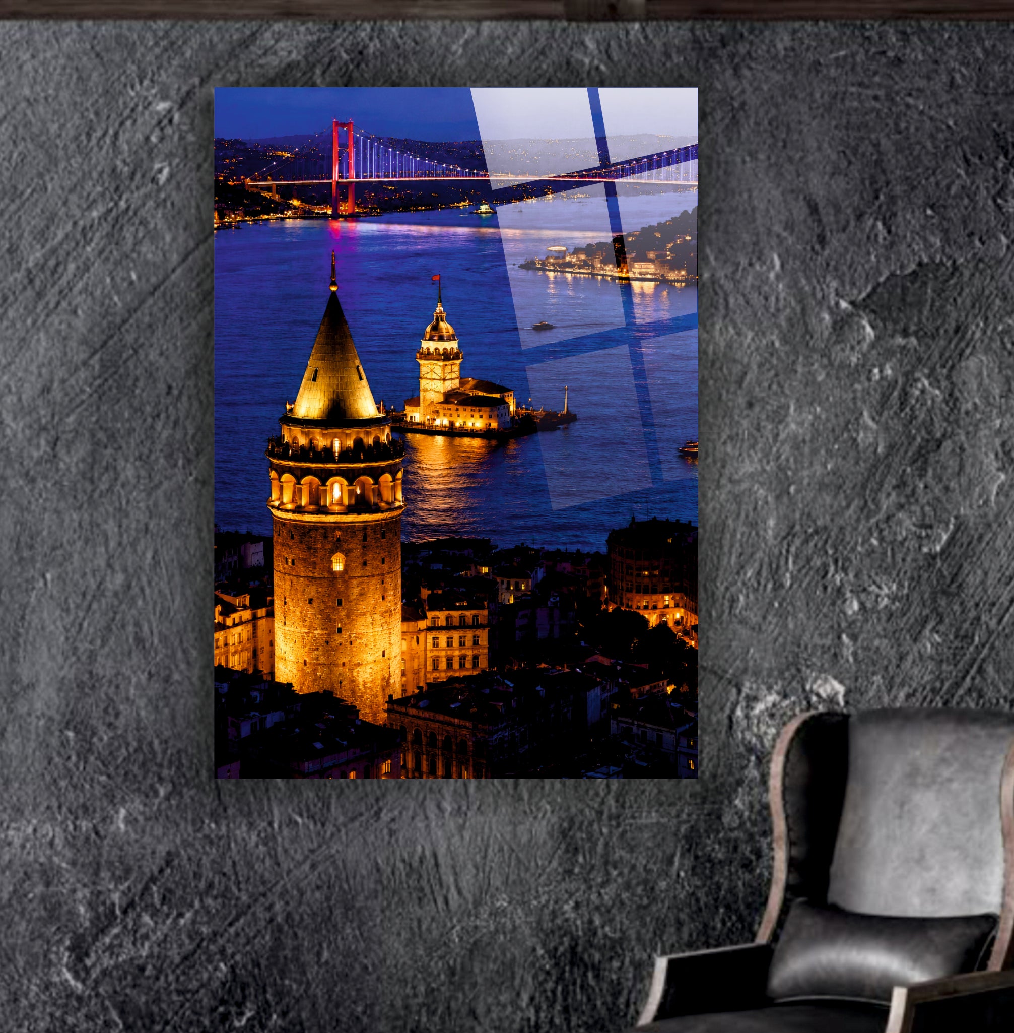POPÜLER-133 Galata Kulesi Kız Kulesi ve Boğaz Gece Cam Tablo