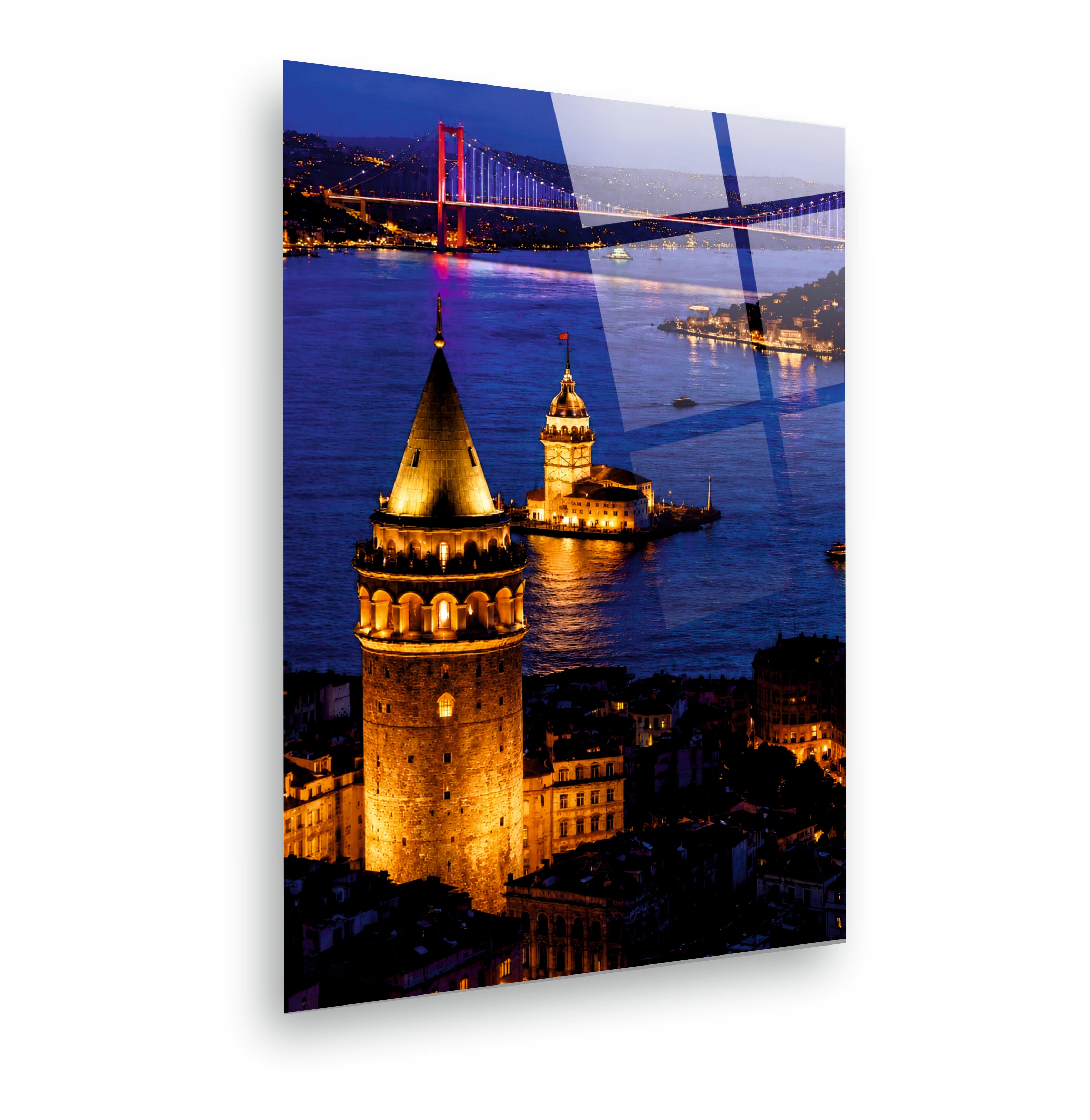 POPÜLER-133 Galata Kulesi Kız Kulesi ve Boğaz Gece Cam Tablo