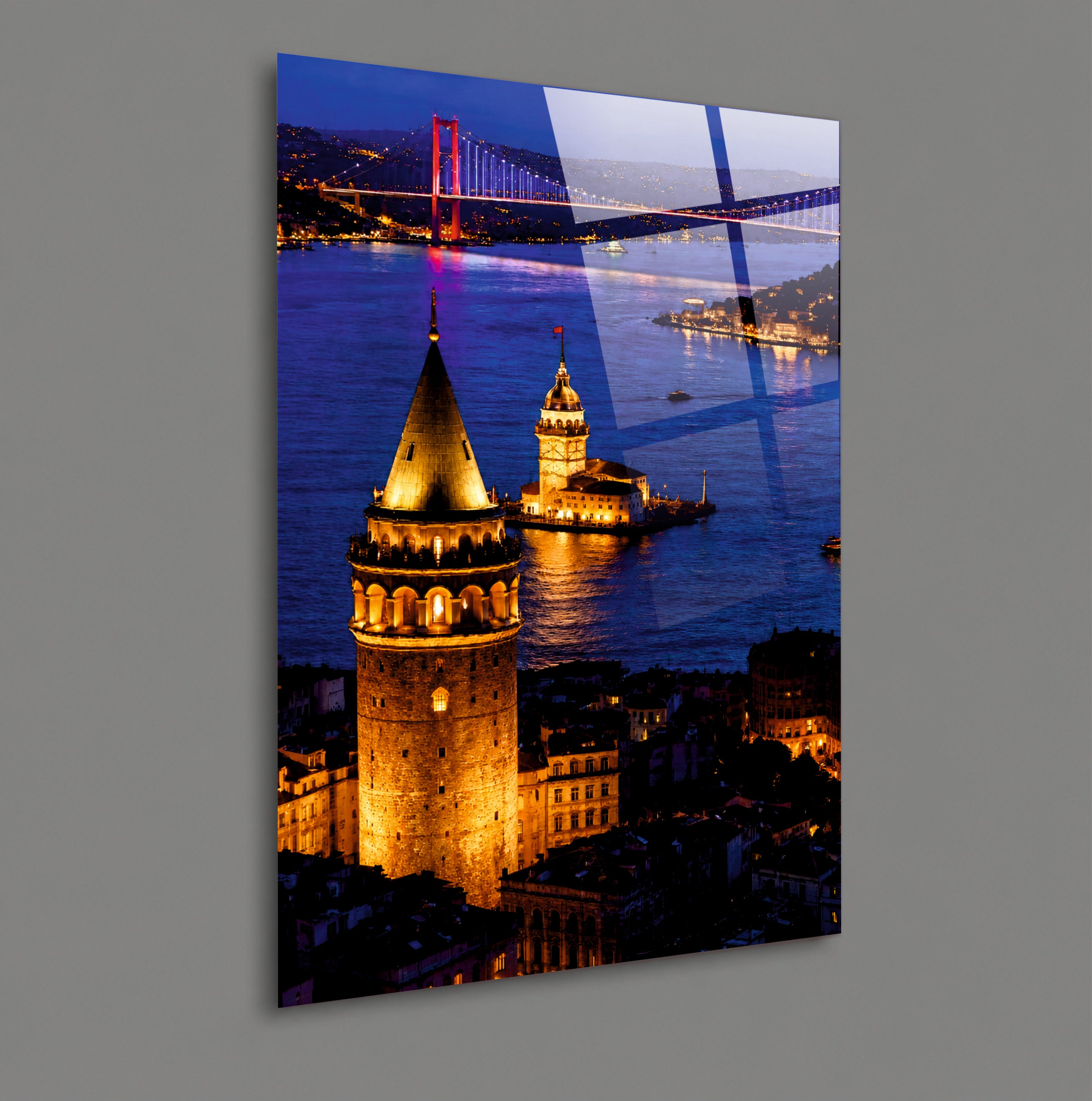 POPÜLER-133 Galata Kulesi Kız Kulesi ve Boğaz Gece Cam Tablo