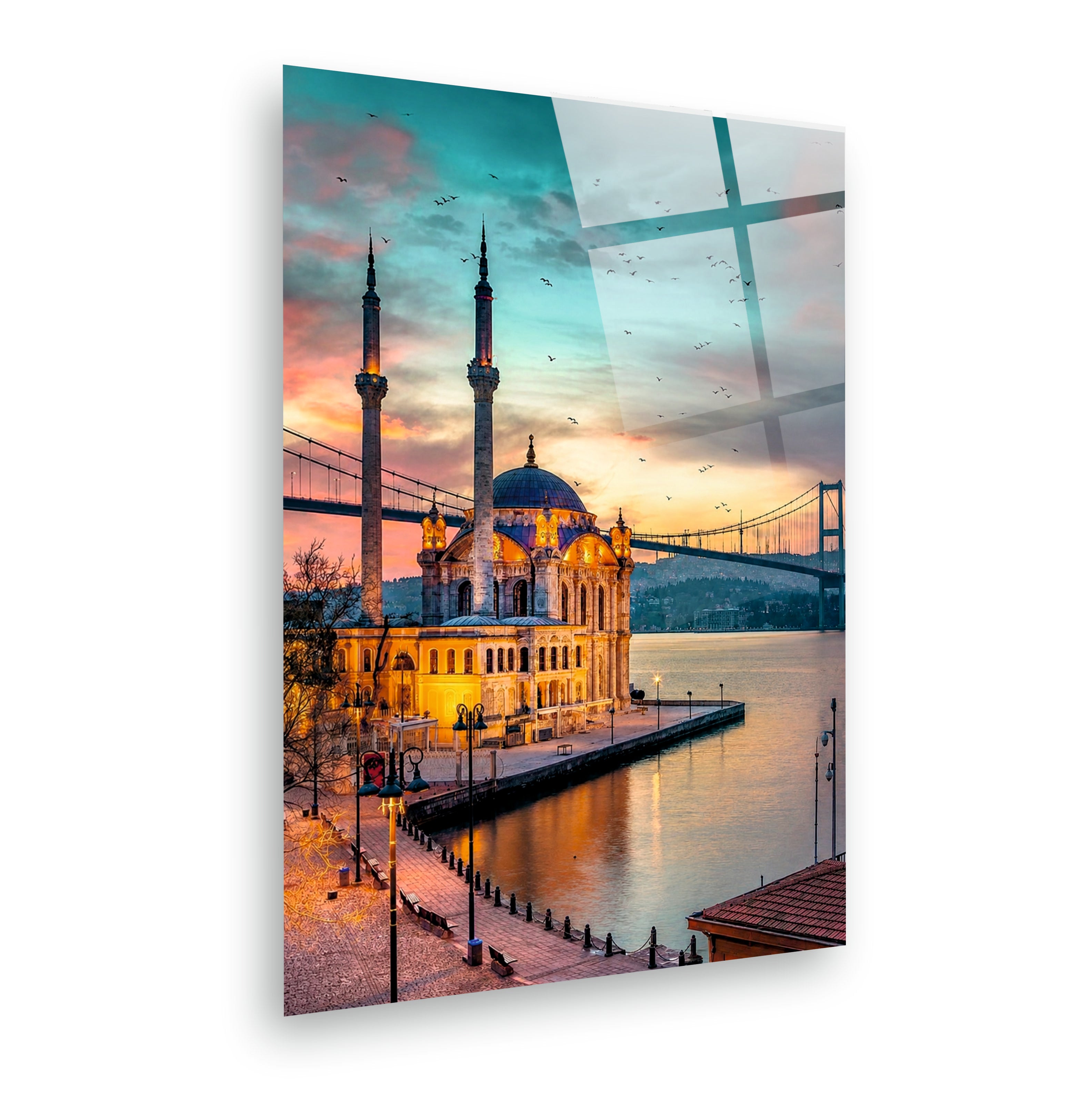 POPÜLER-134 Ortaköy Camii ve Boğaz Köprüsü Gün Batımı Cam Tablo