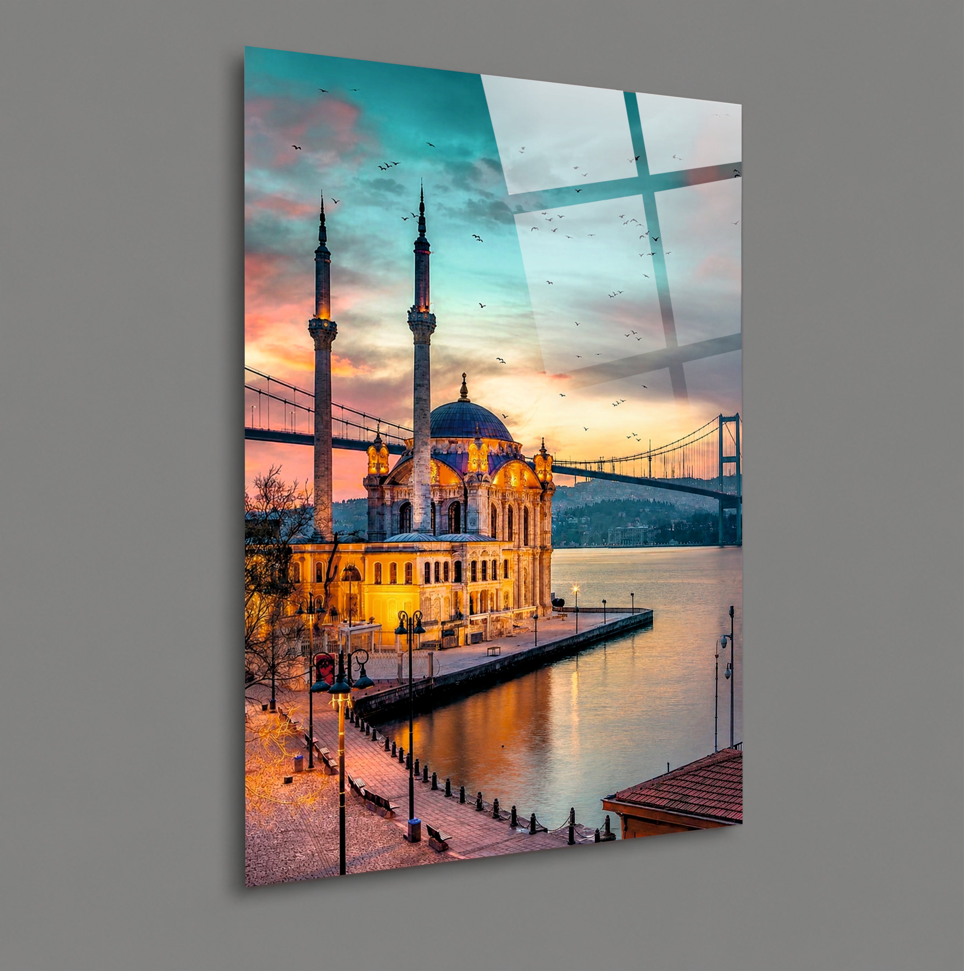 POPÜLER-134 Ortaköy Camii ve Boğaz Köprüsü Gün Batımı Cam Tablo