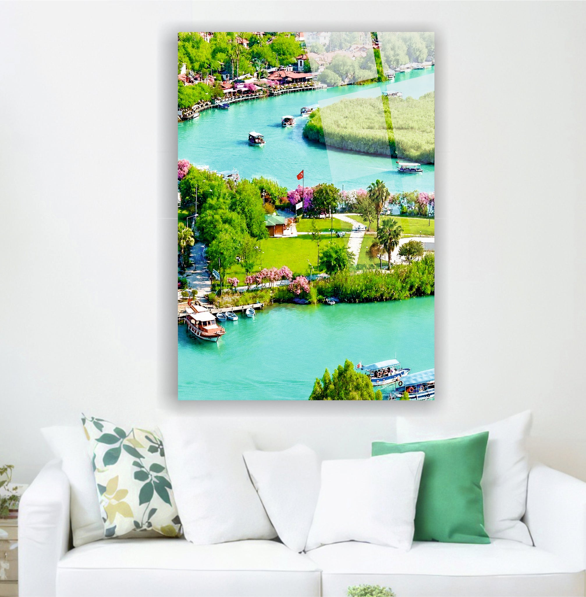 POPÜLER-137 Azmak Nehri Tekneler ve Yeşil Doğa Cam Tablo