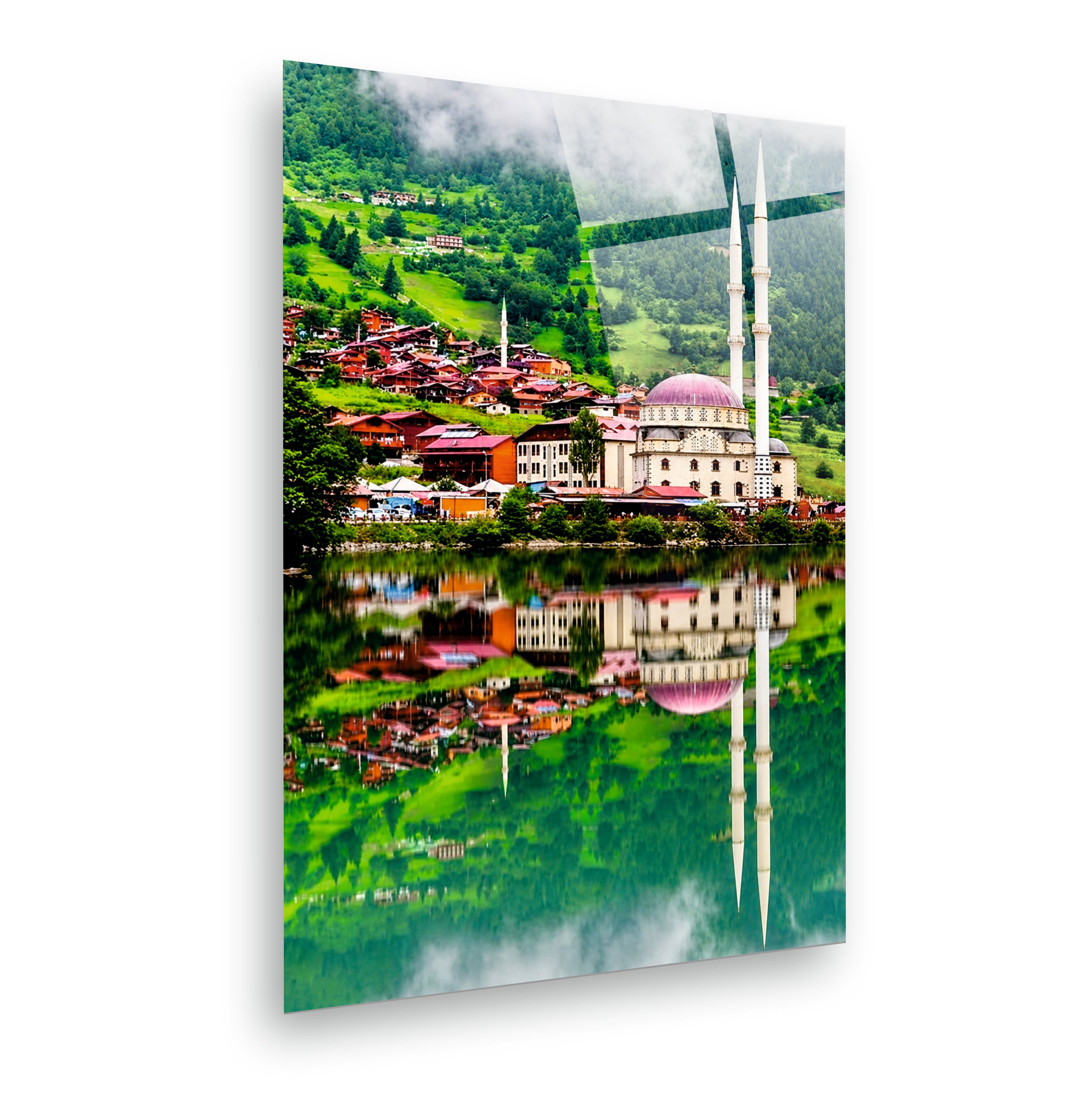 POPÜLER-139 Uzungöl Camii ve Yansımalı Göl Manzarası Cam Tablo