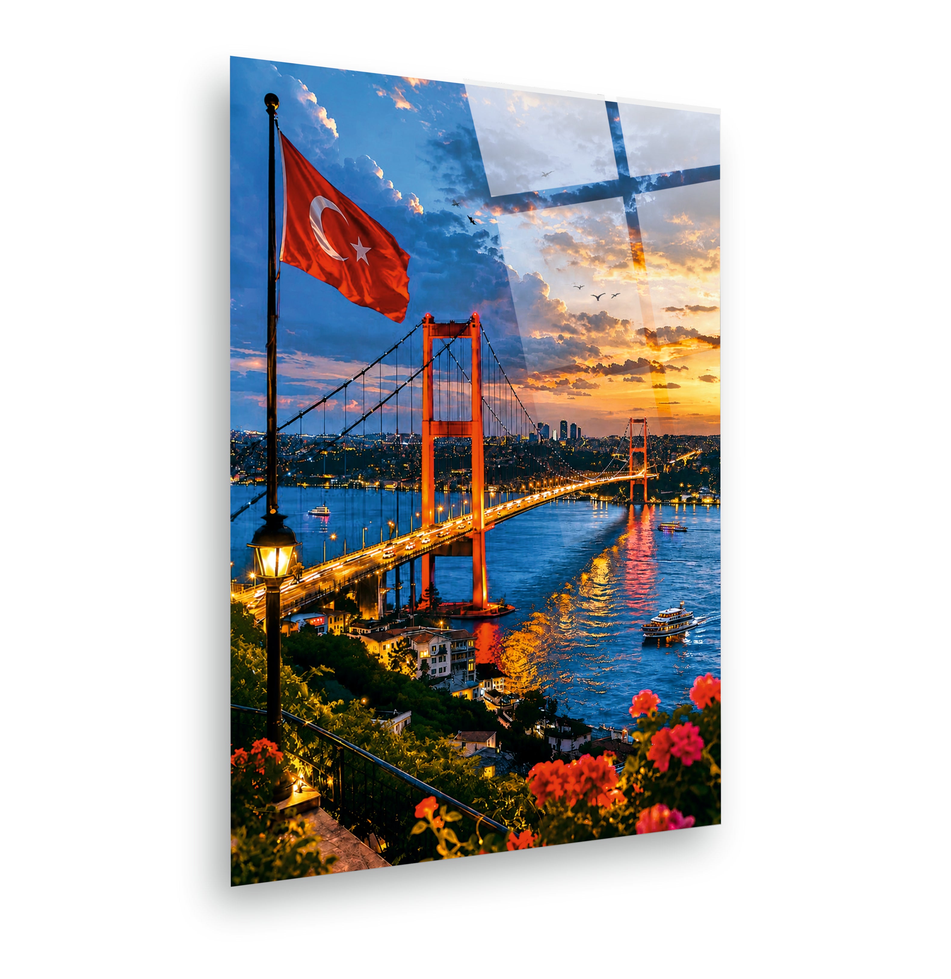 POPÜLER-142 Türk Bayrağı ve Boğaz Köprüsü Gün Batımı Cam Tablo