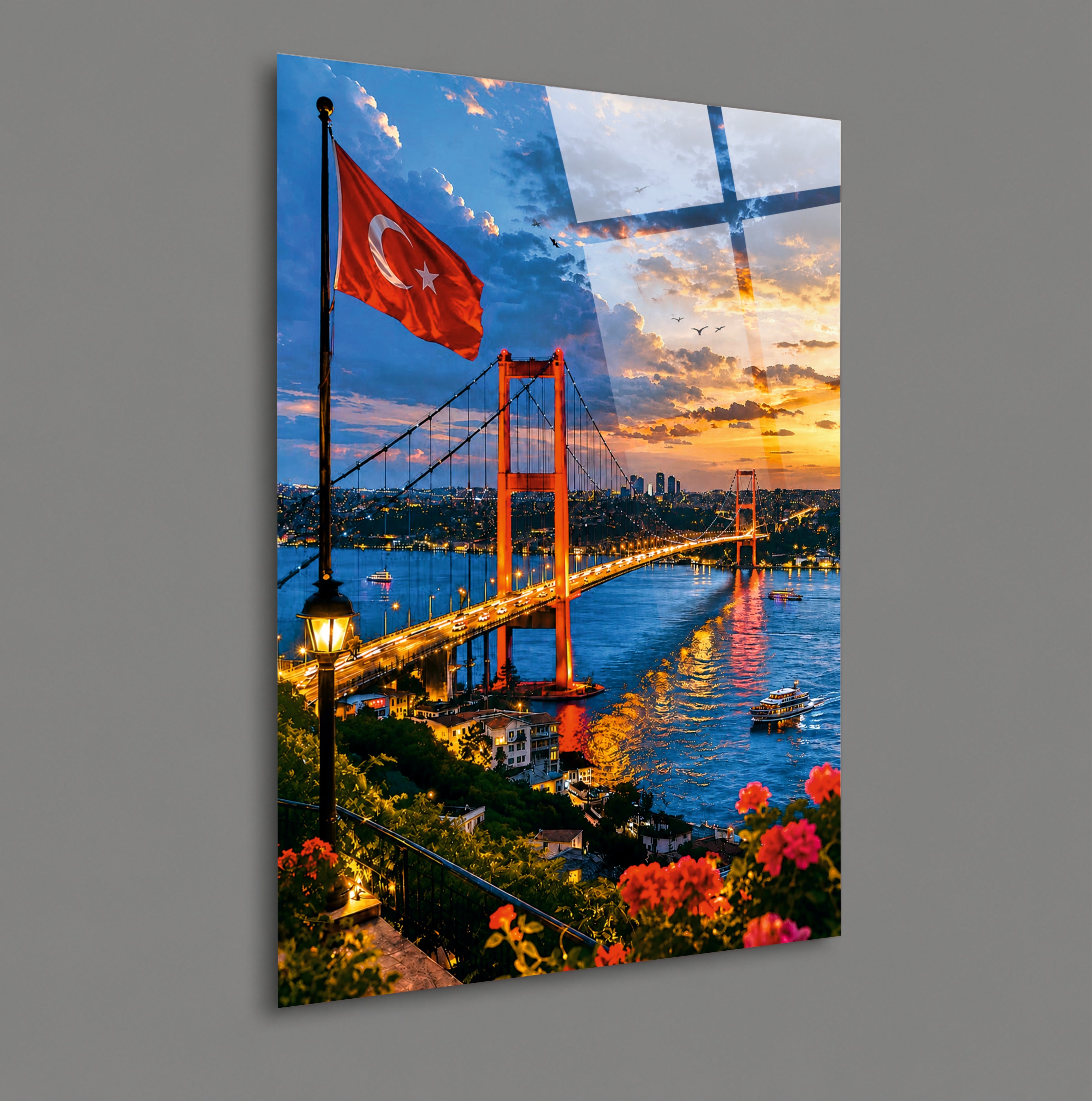 POPÜLER-142 Türk Bayrağı ve Boğaz Köprüsü Gün Batımı Cam Tablo