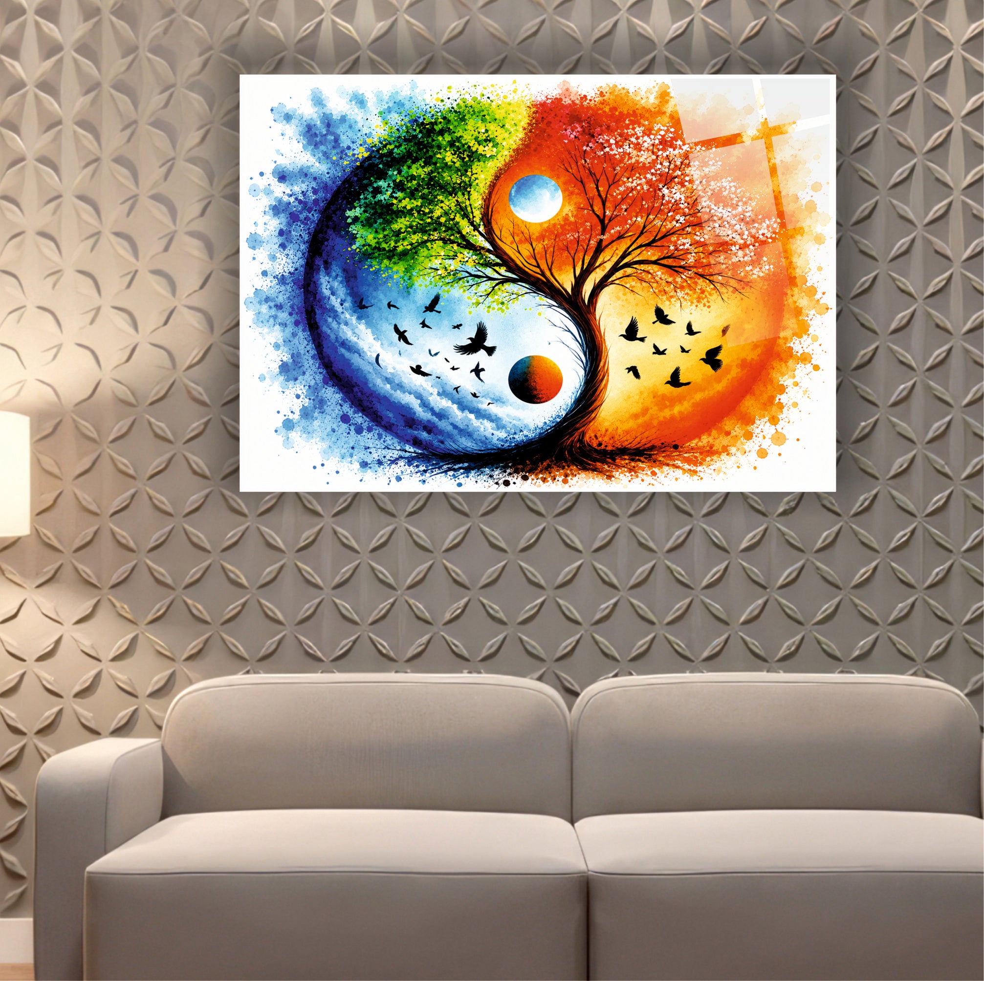 POPÜLER-150 Yin Yang Hayat Ağacı ve Kuşlar Dekoratif Cam Tablo