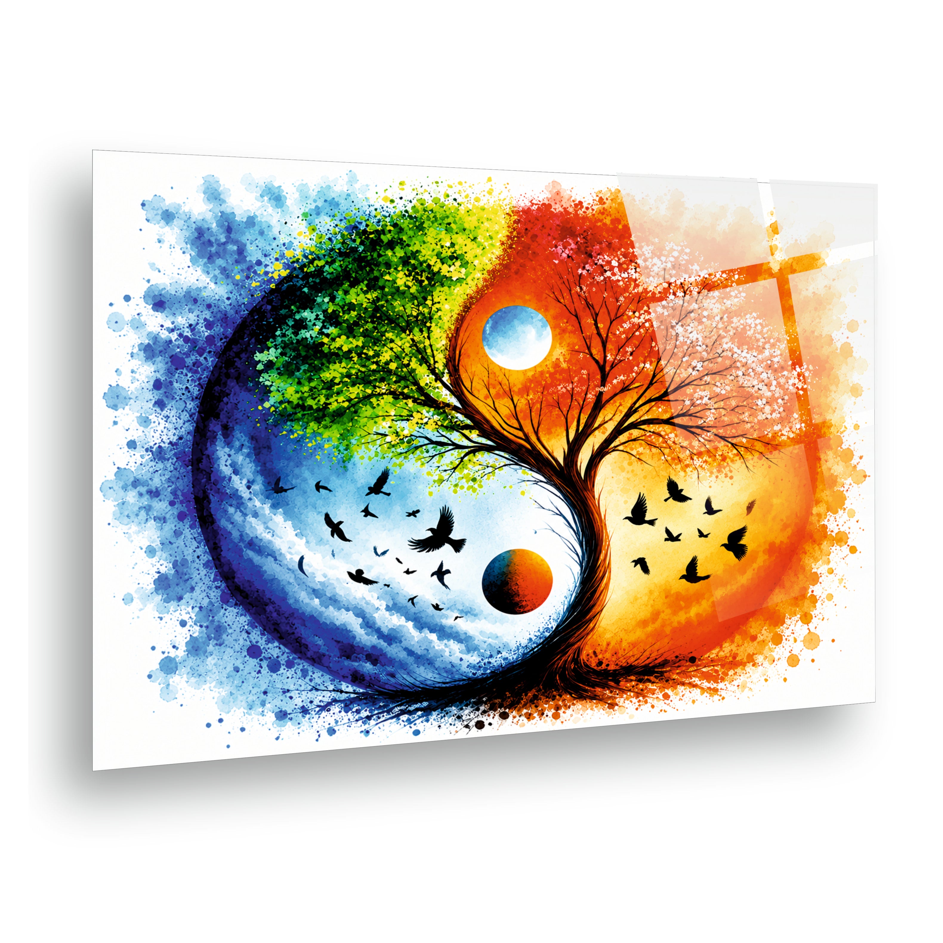 POPÜLER-150 Yin Yang Hayat Ağacı ve Kuşlar Dekoratif Cam Tablo