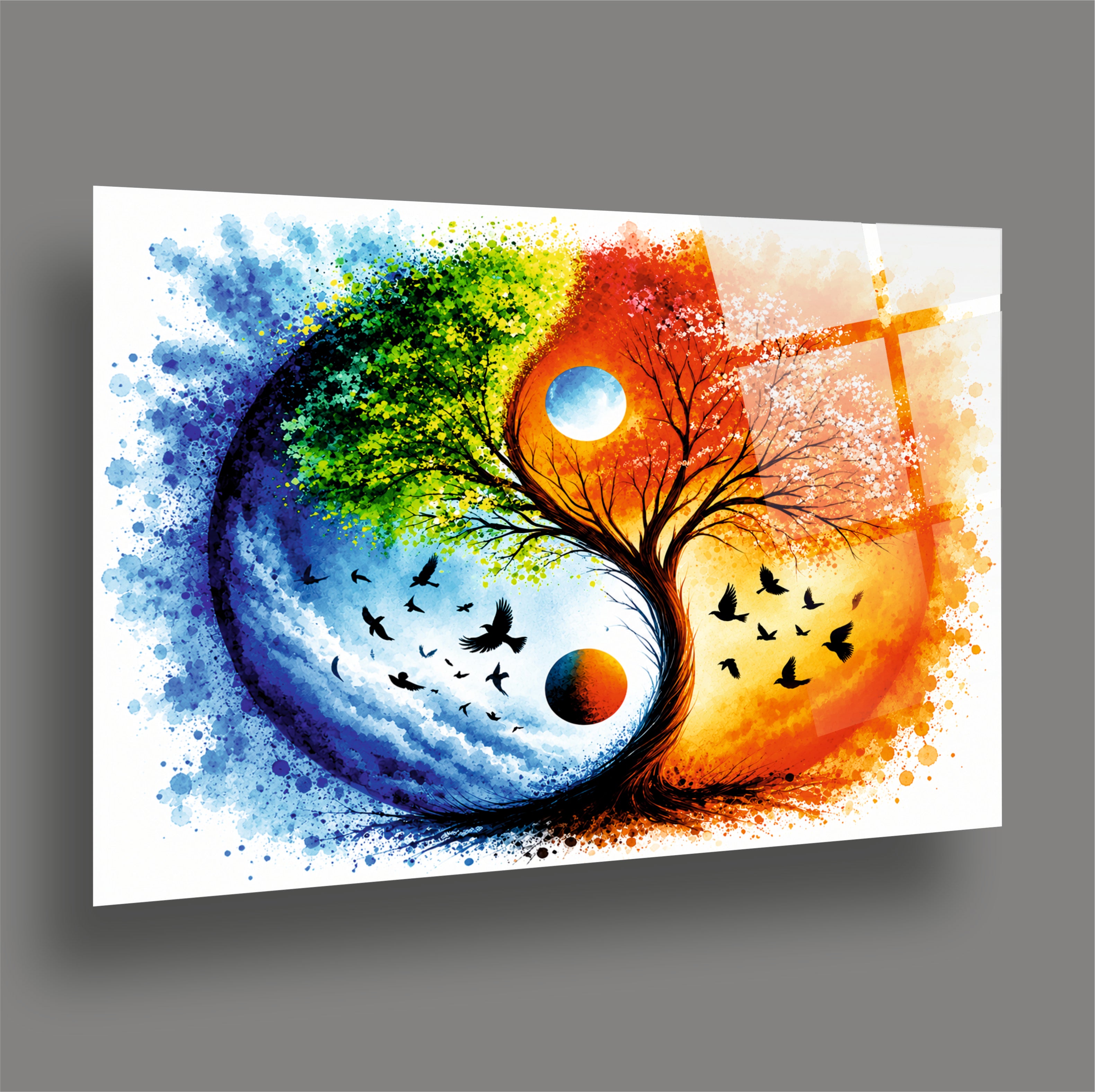 POPÜLER-150 Yin Yang Hayat Ağacı ve Kuşlar Dekoratif Cam Tablo