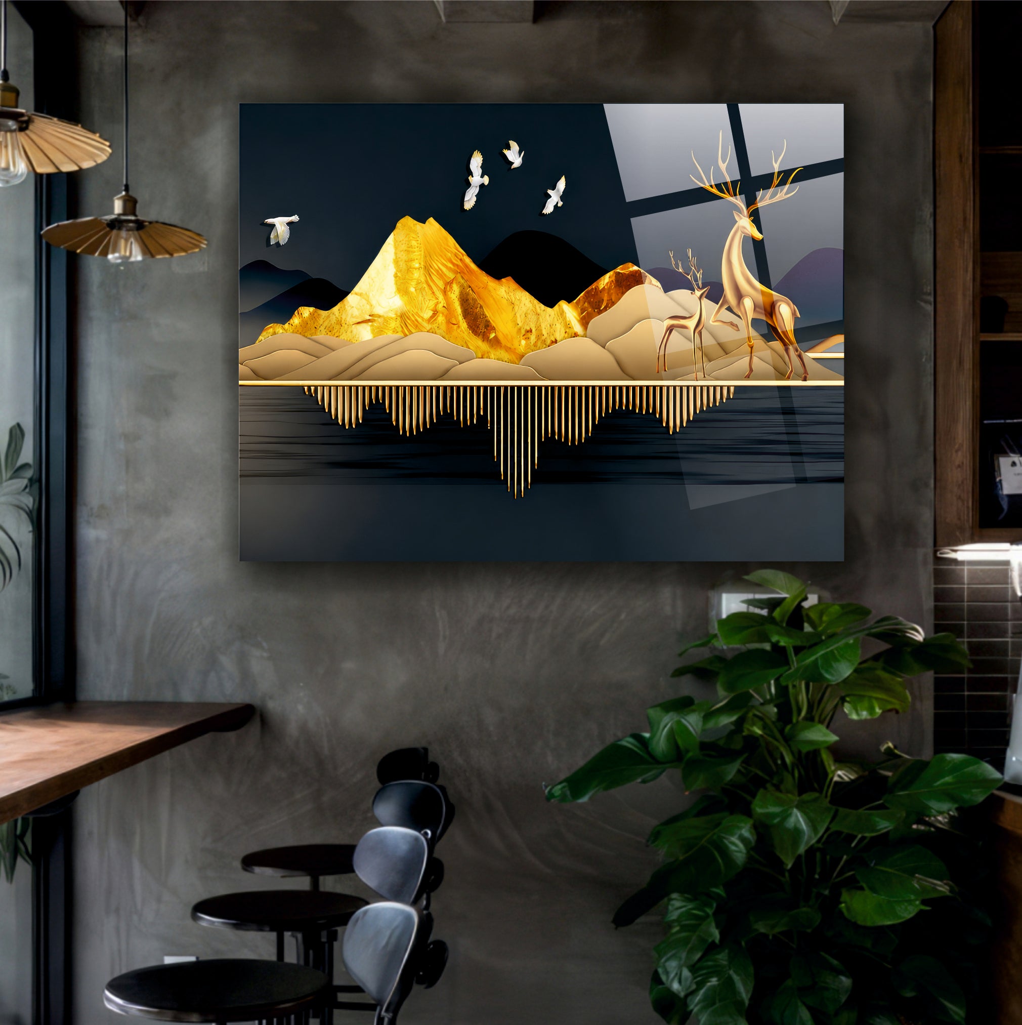 POPÜLER-19 Altın Dağ ve Geyik Temalı Modern Cam Tablo
