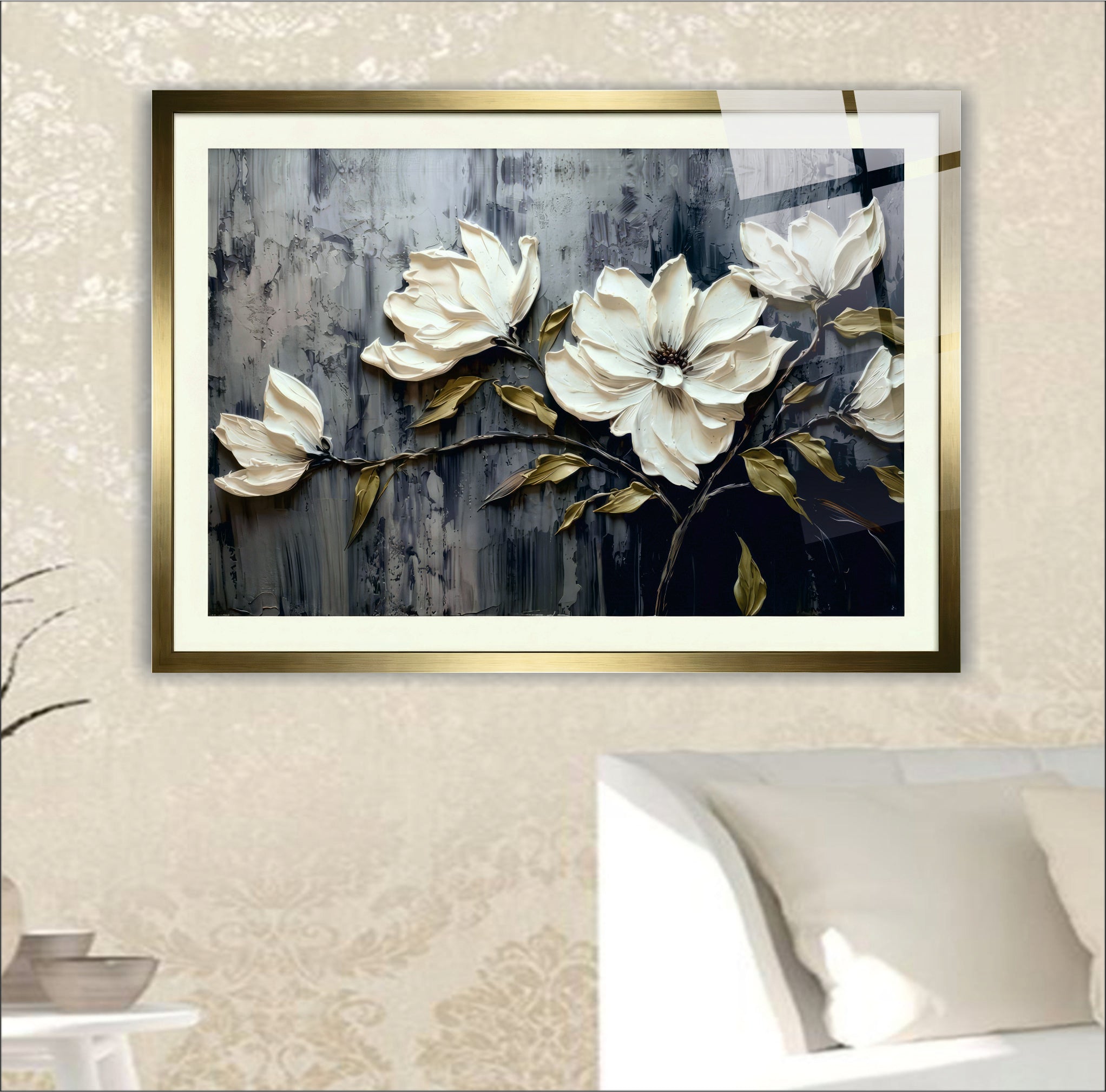 POPÜLER-25 Beyaz Çiçekli Modern Dekoratif Cam Tablo