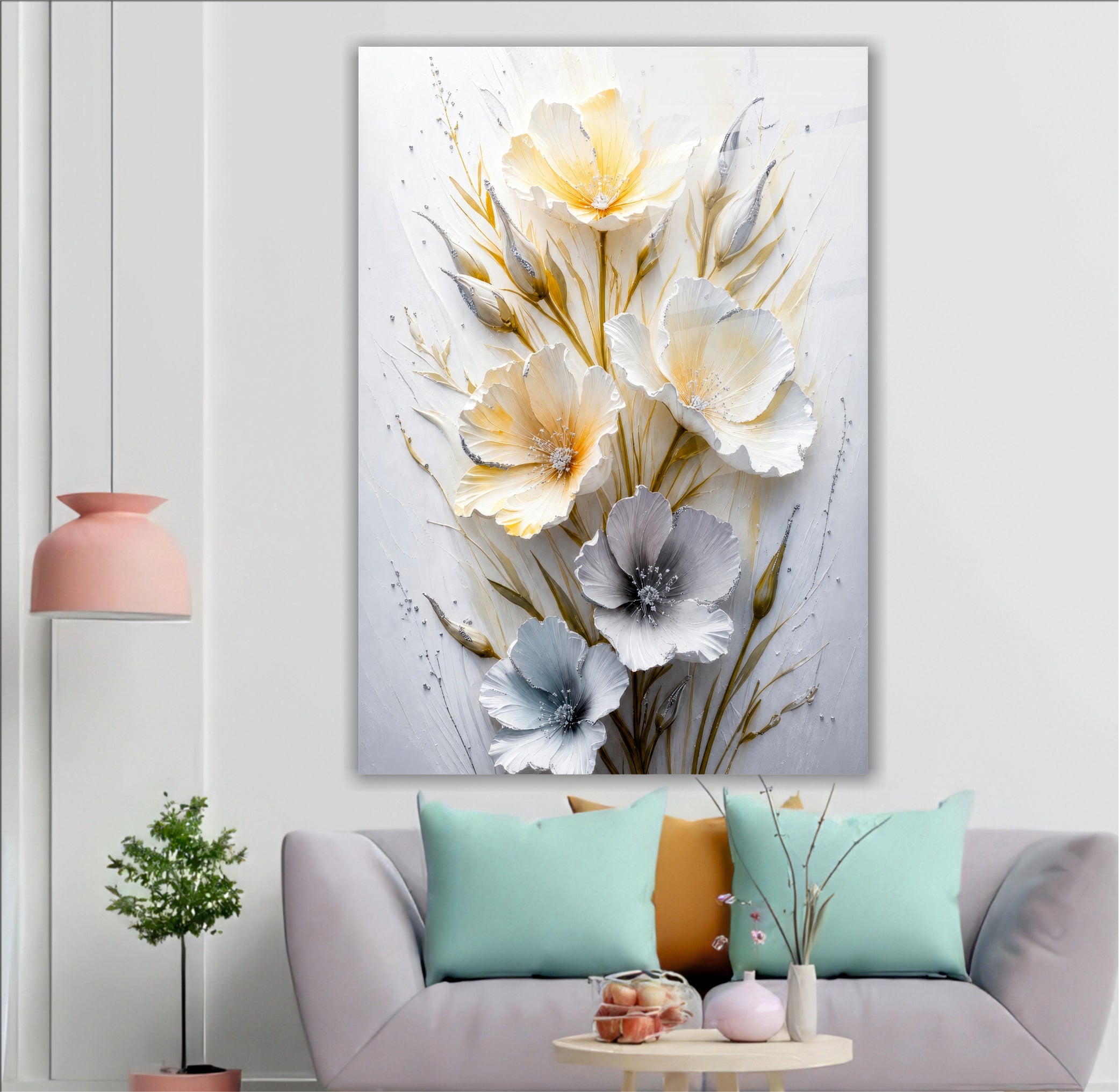 POPÜLER-27 Beyaz ve Altın Çiçekli Modern Dekoratif Cam Tablo