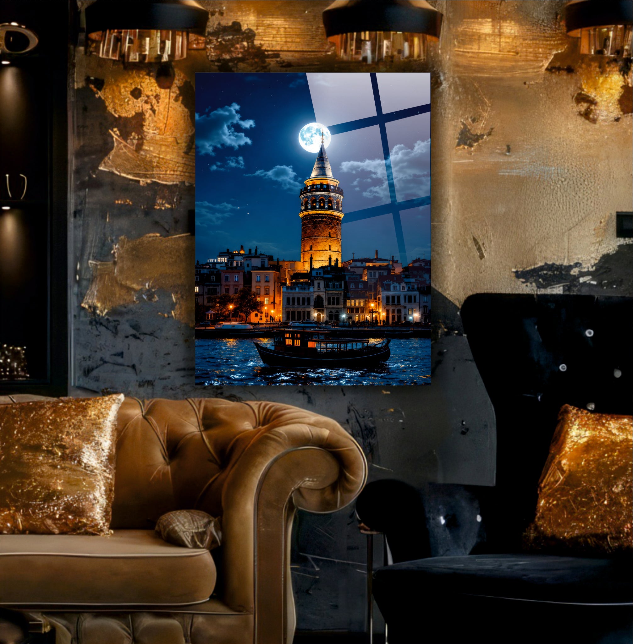POPÜLER-28 Galata Kulesi ve Boğaz Gece Manzarası Cam Tablo