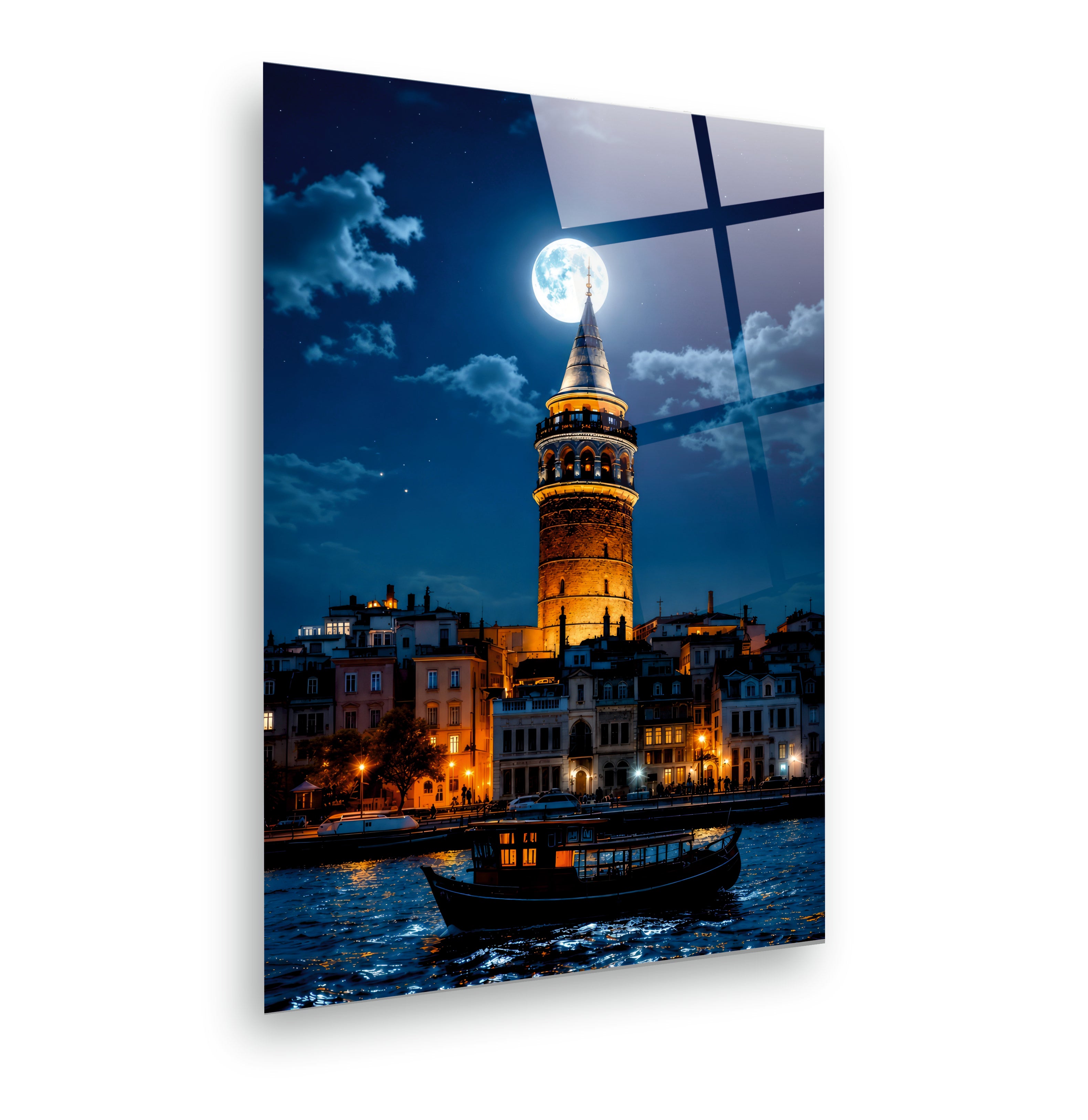 POPÜLER-28 Galata Kulesi ve Boğaz Gece Manzarası Cam Tablo
