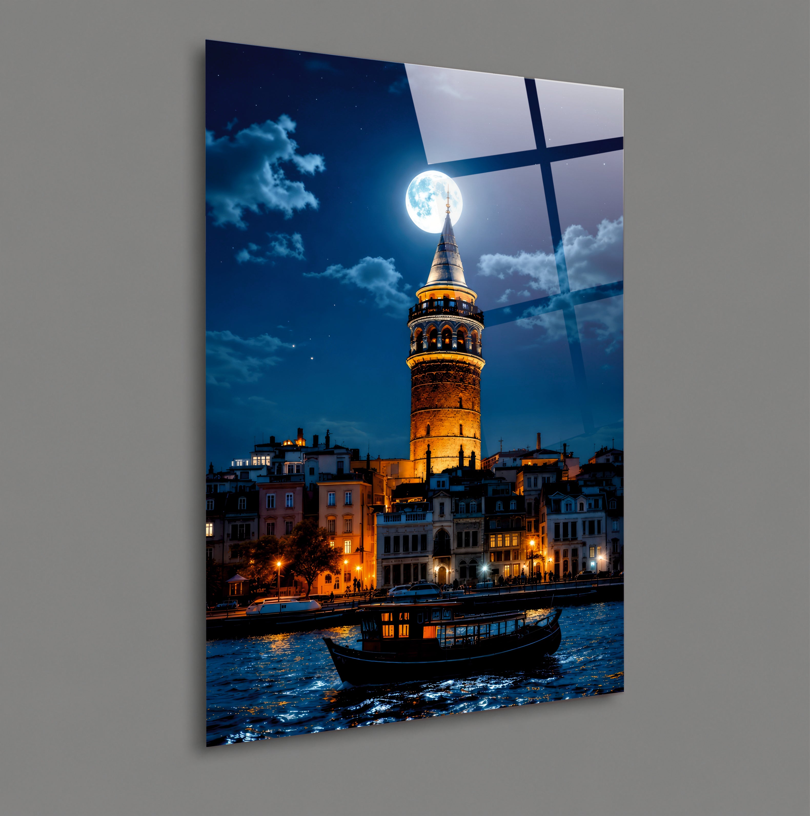 POPÜLER-28 Galata Kulesi ve Boğaz Gece Manzarası Cam Tablo