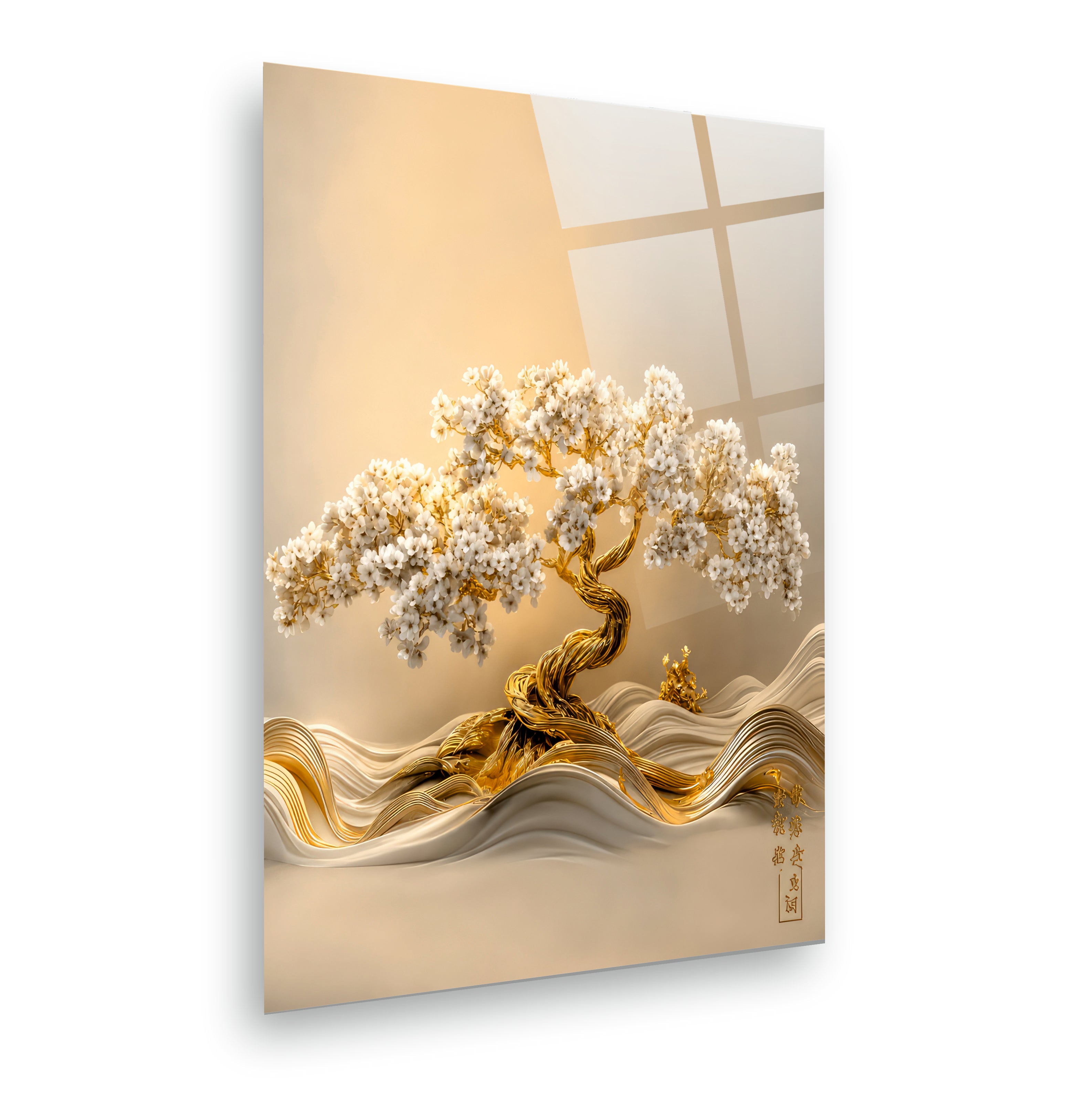POPÜLER-29 Altın Bonsai ve Beyaz Çiçekli Modern Cam Tablo