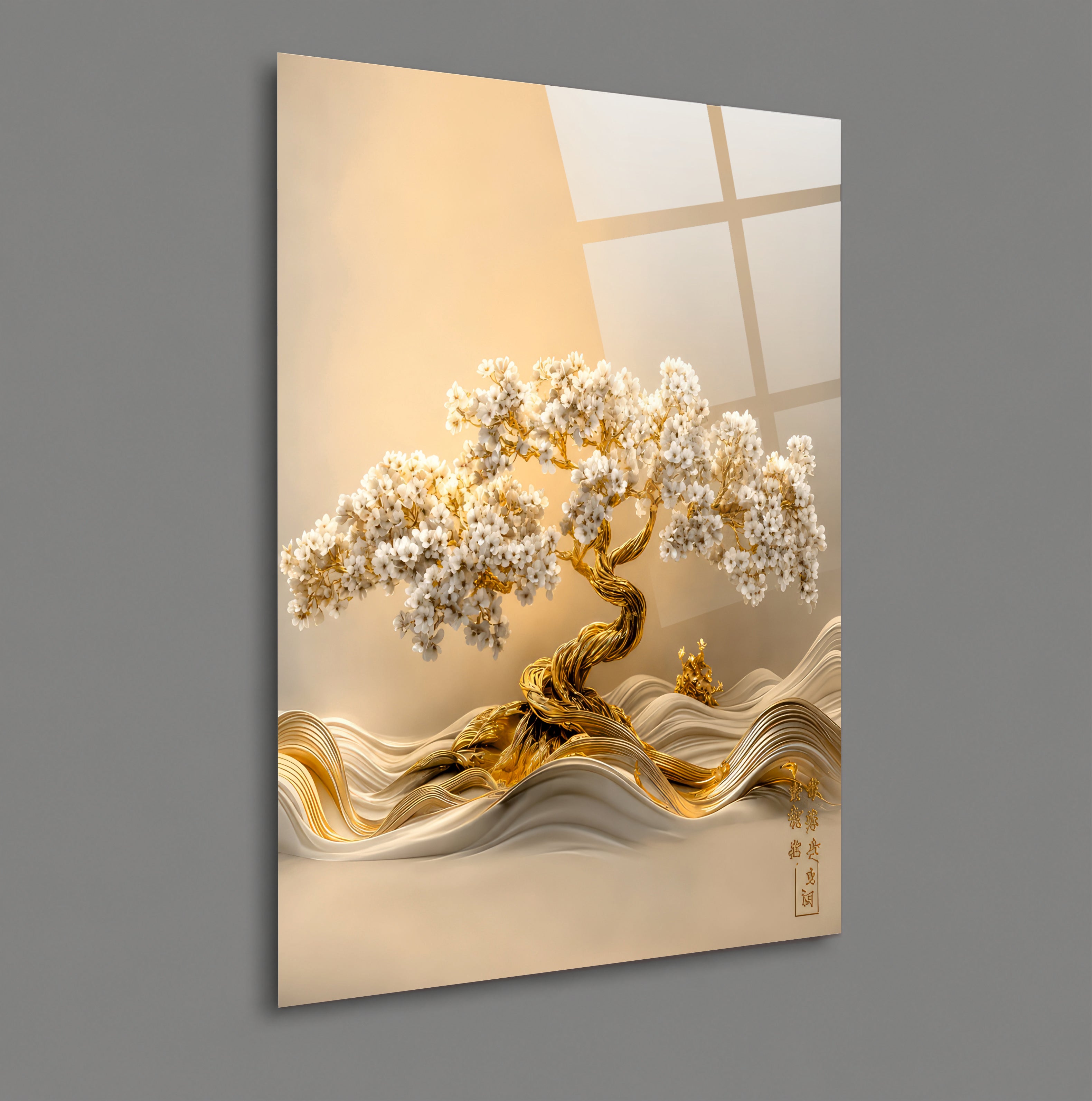 POPÜLER-29 Altın Bonsai ve Beyaz Çiçekli Modern Cam Tablo