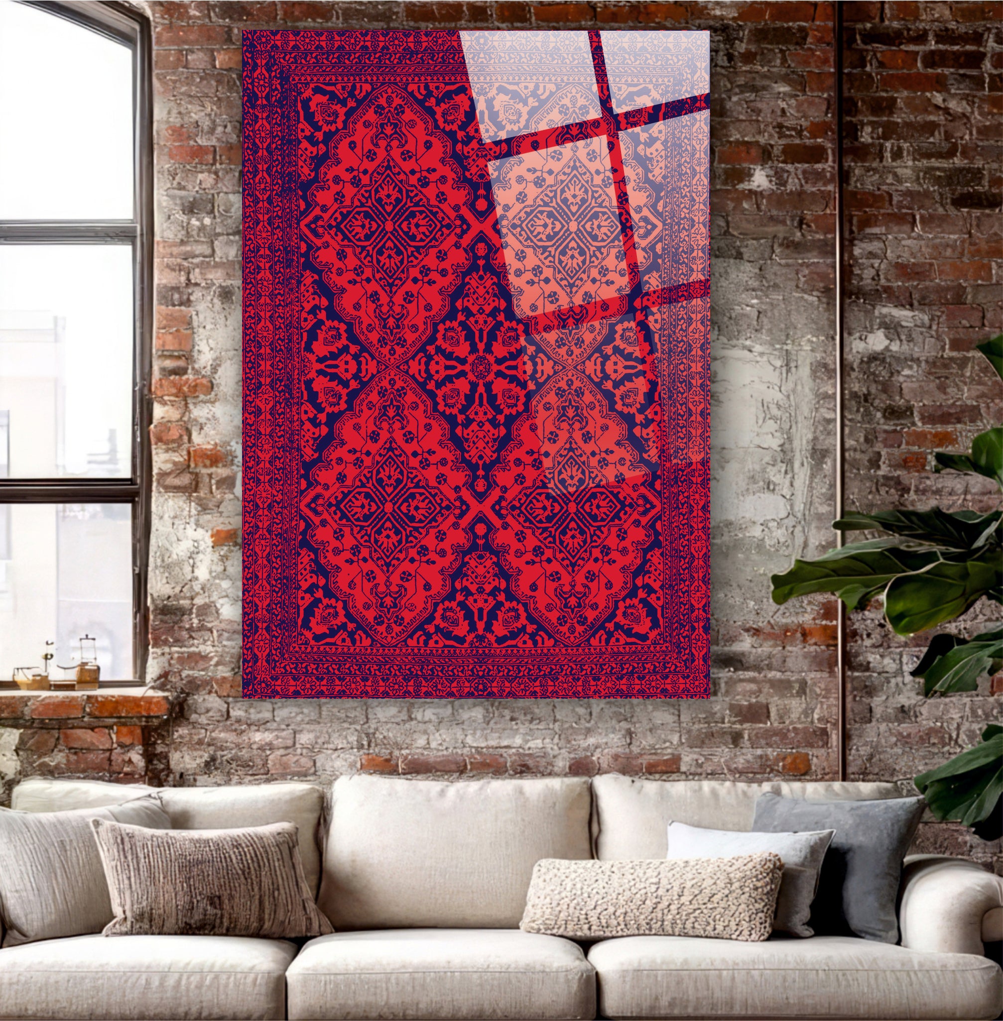 POPÜLER-32 Kırmızı Lacivert Geleneksel Kilim Desenli Cam Tablo