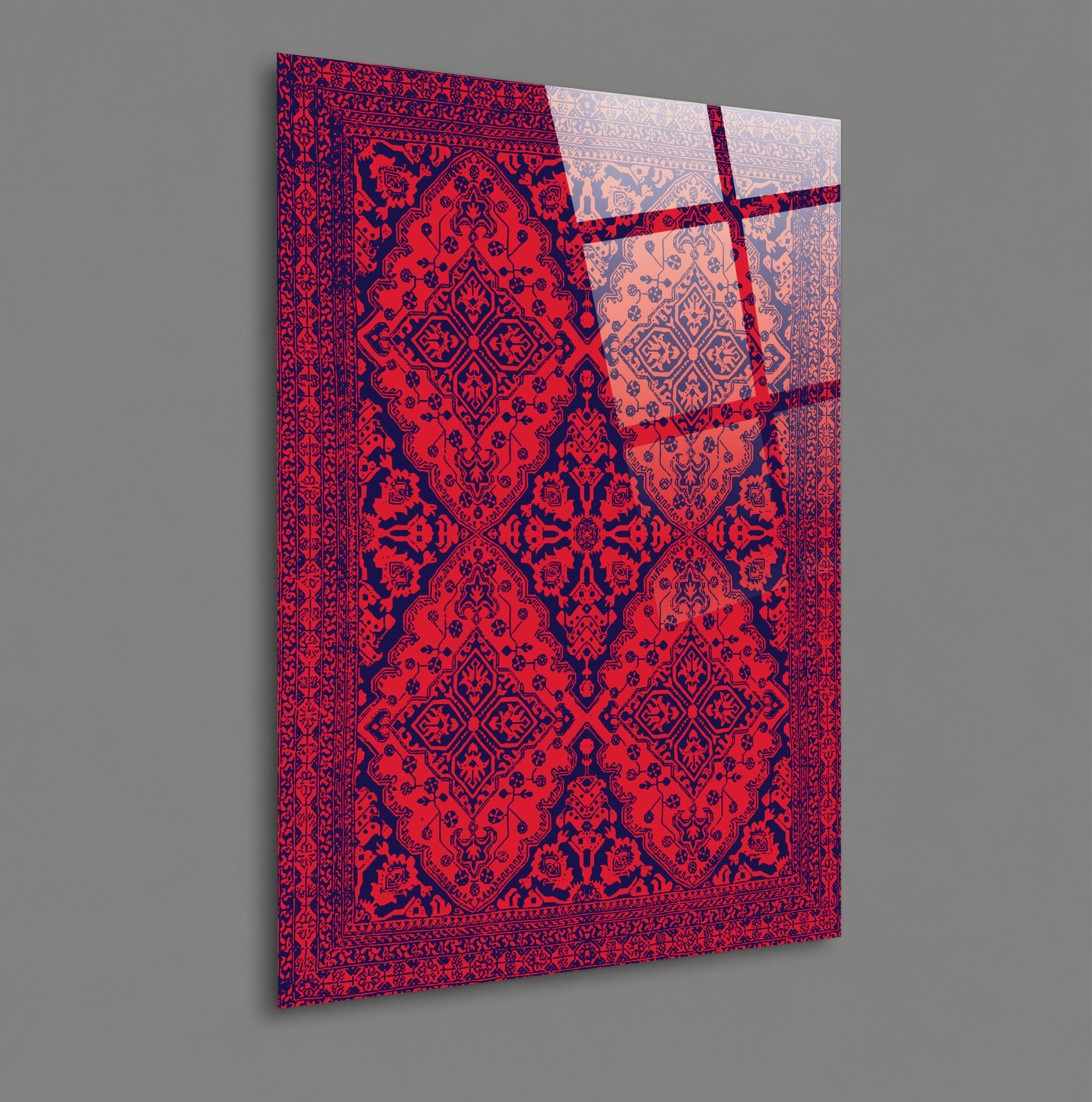 POPÜLER-32 Kırmızı Lacivert Geleneksel Kilim Desenli Cam Tablo