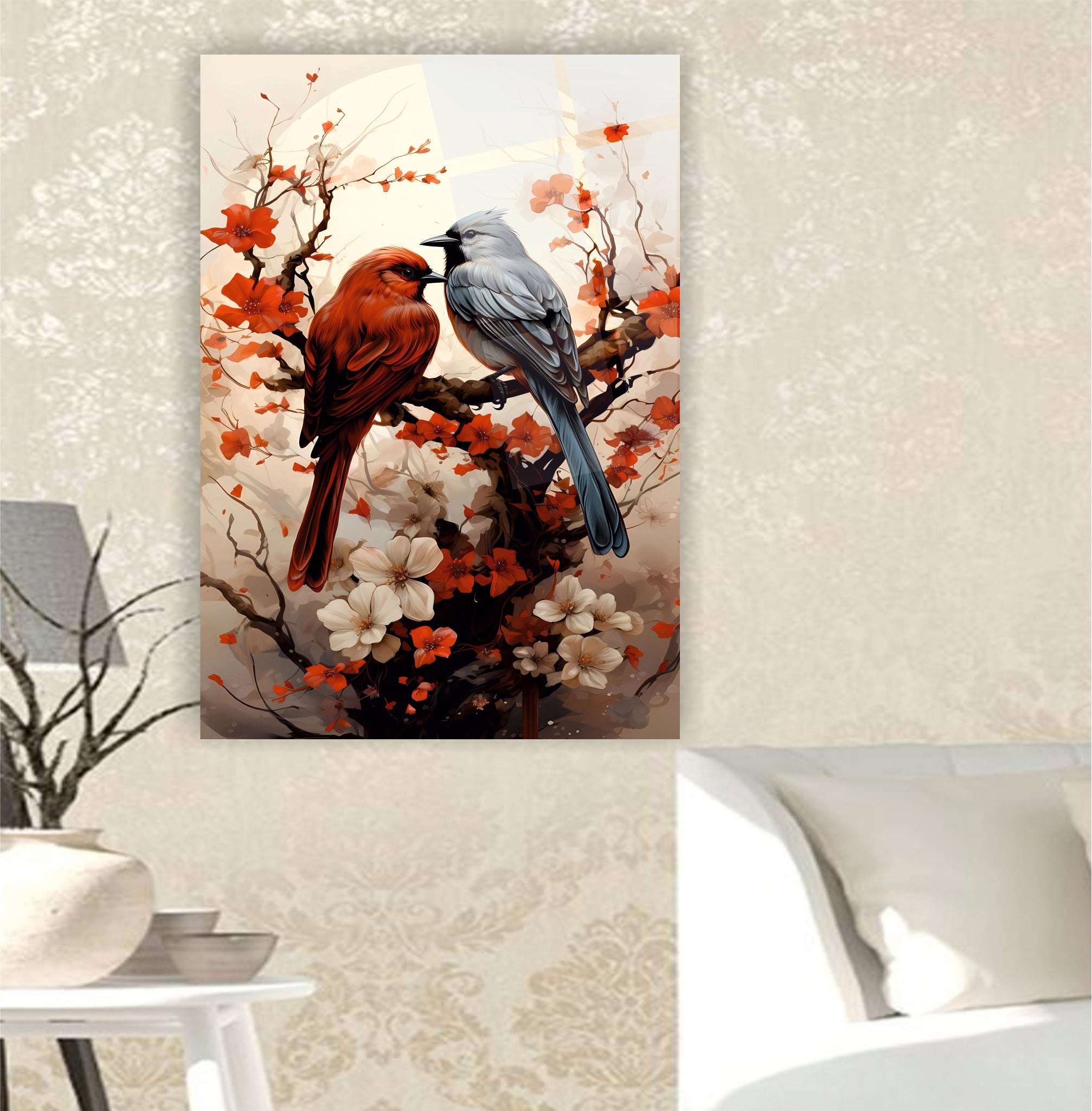 POPÜLER-35 Kırmızı ve Gri Kuşlar Çiçekli Modern Cam Tablo