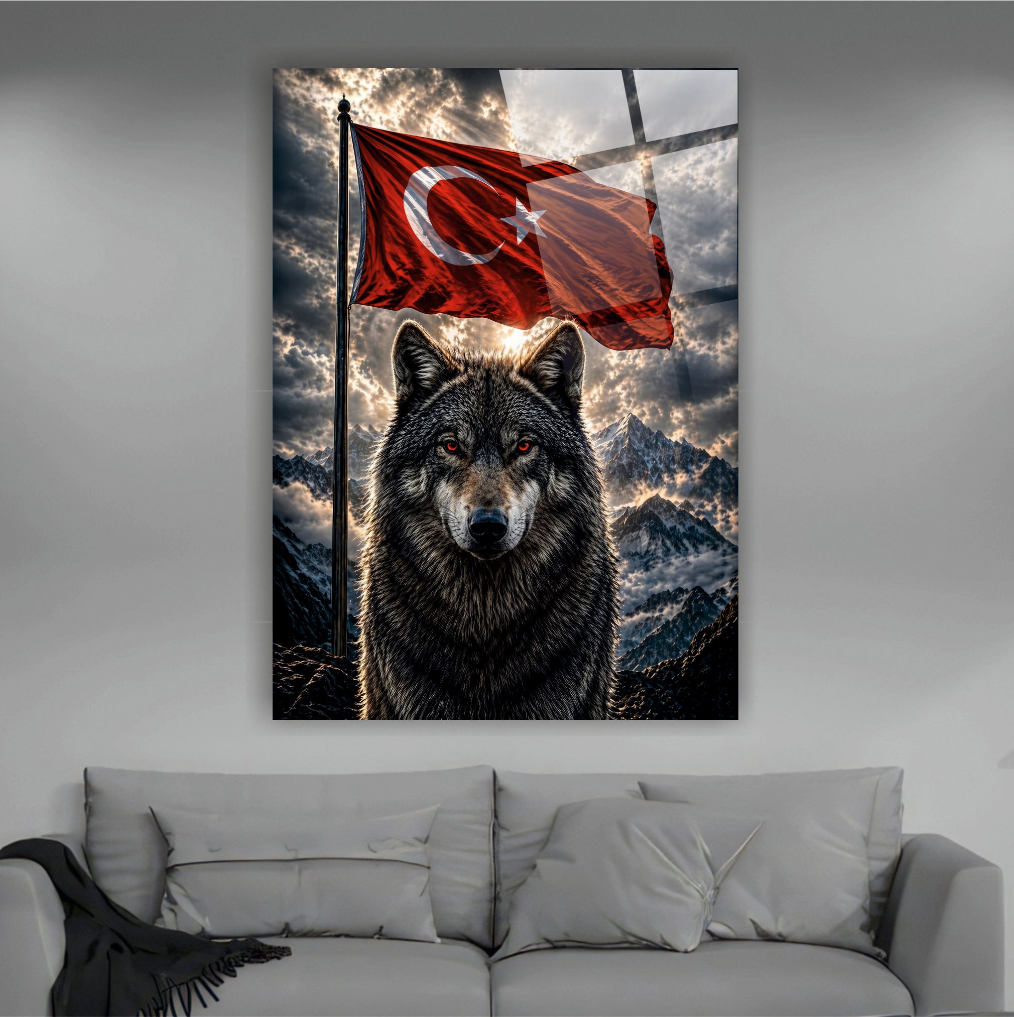 POPÜLER-42 Türk Bayrağı ve Kurt Temalı Güçlü Millî Ruh Cam Tablo