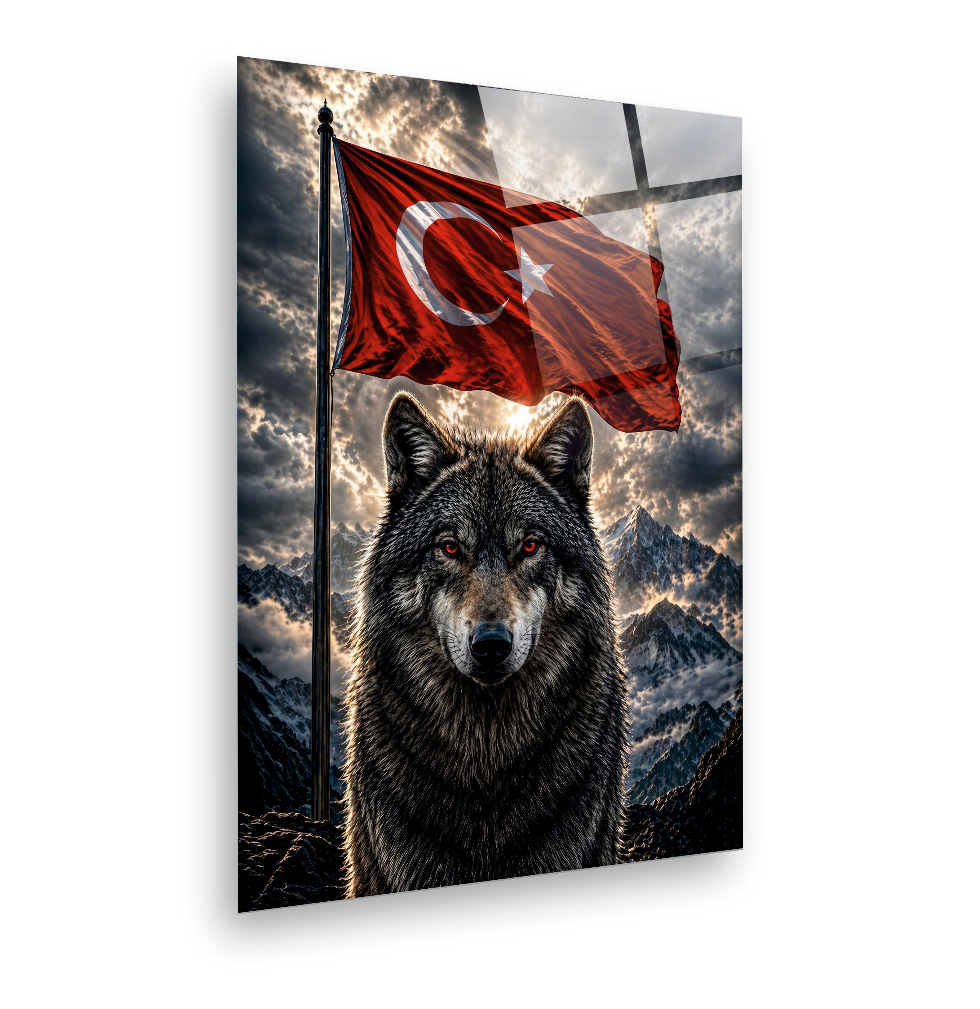 POPÜLER-42 Türk Bayrağı ve Kurt Temalı Güçlü Millî Ruh Cam Tablo
