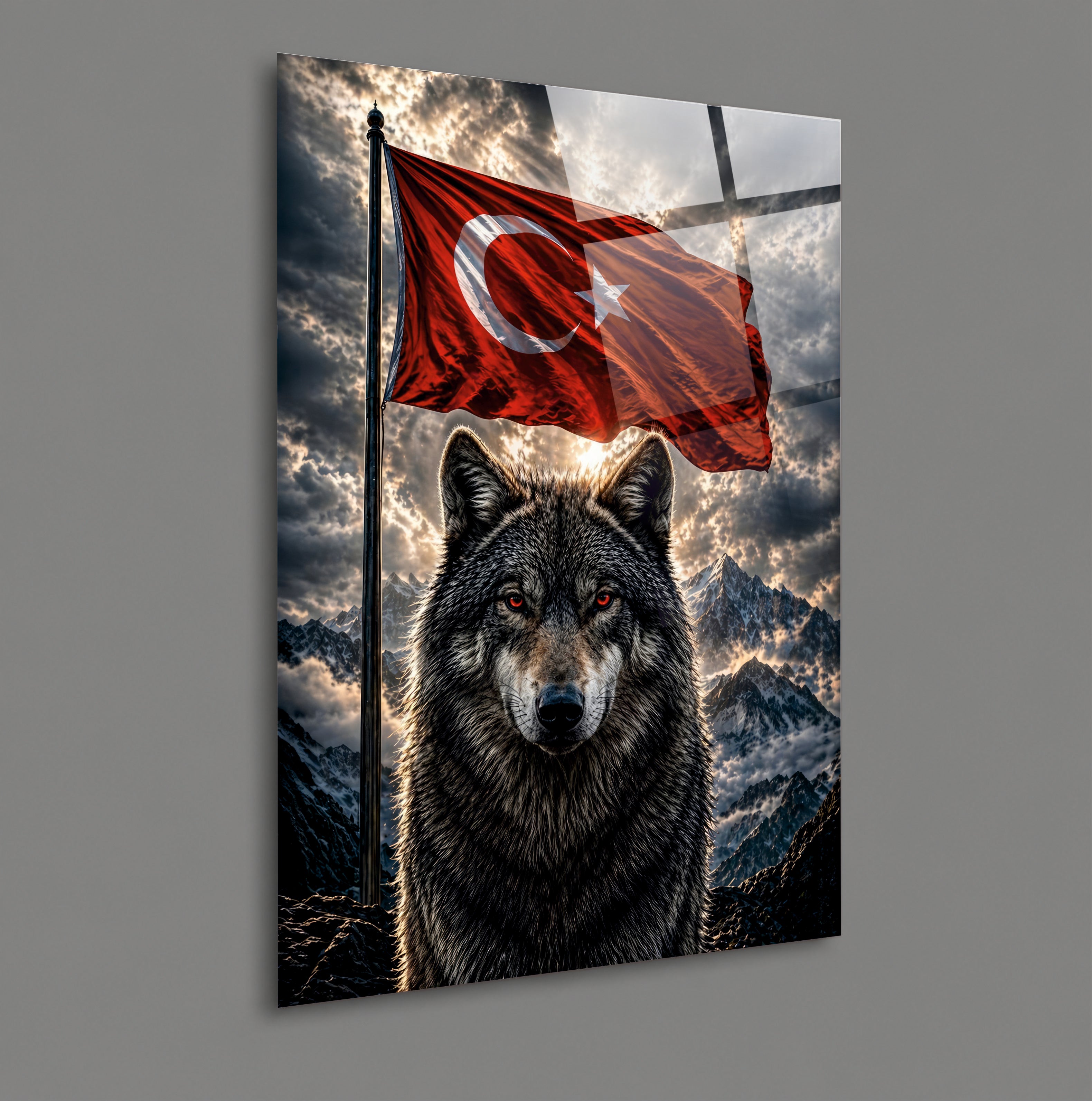 POPÜLER-42 Türk Bayrağı ve Kurt Temalı Güçlü Millî Ruh Cam Tablo