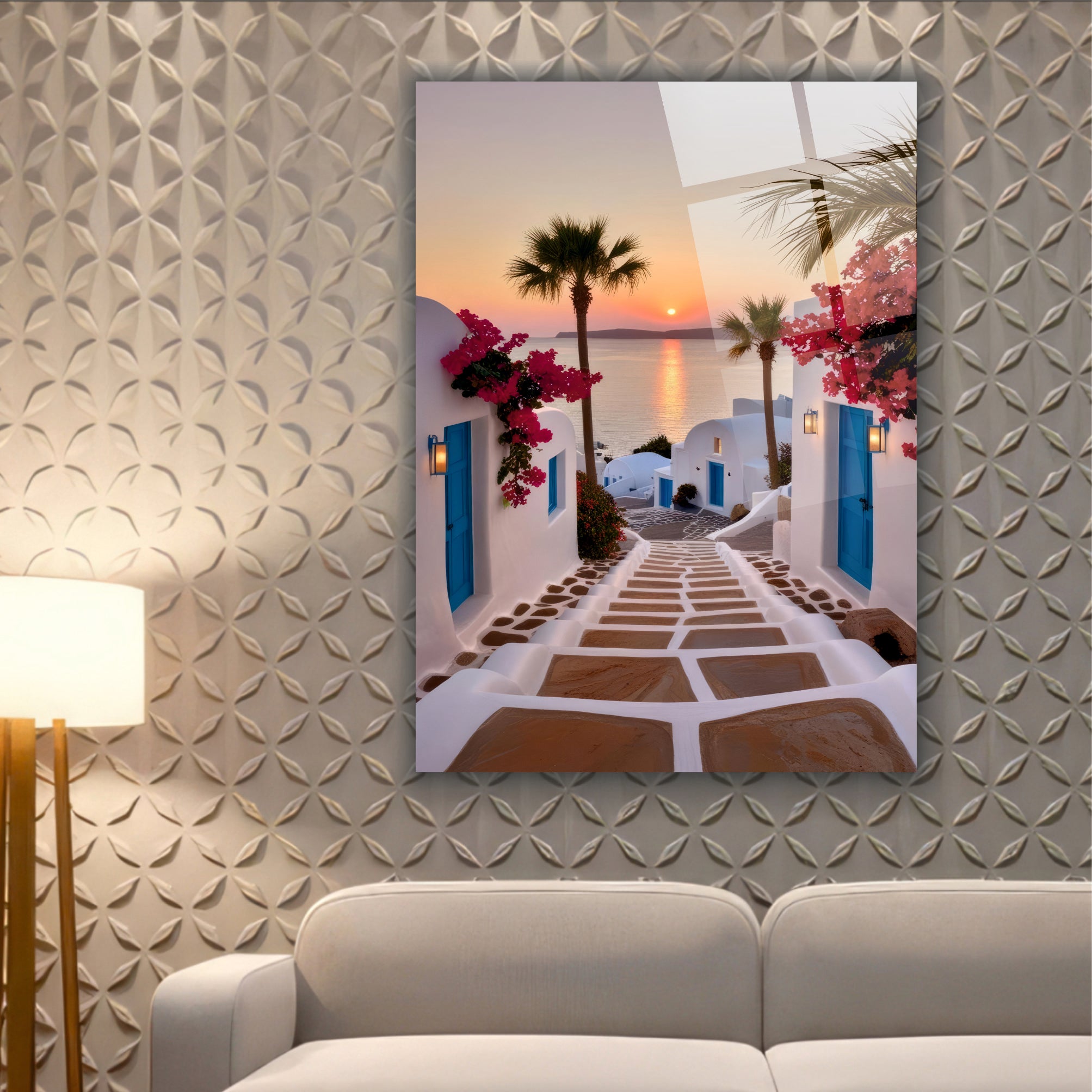 POPÜLER-43 Santorini Gün Batımı ve Deniz Manzarası Cam Tablo