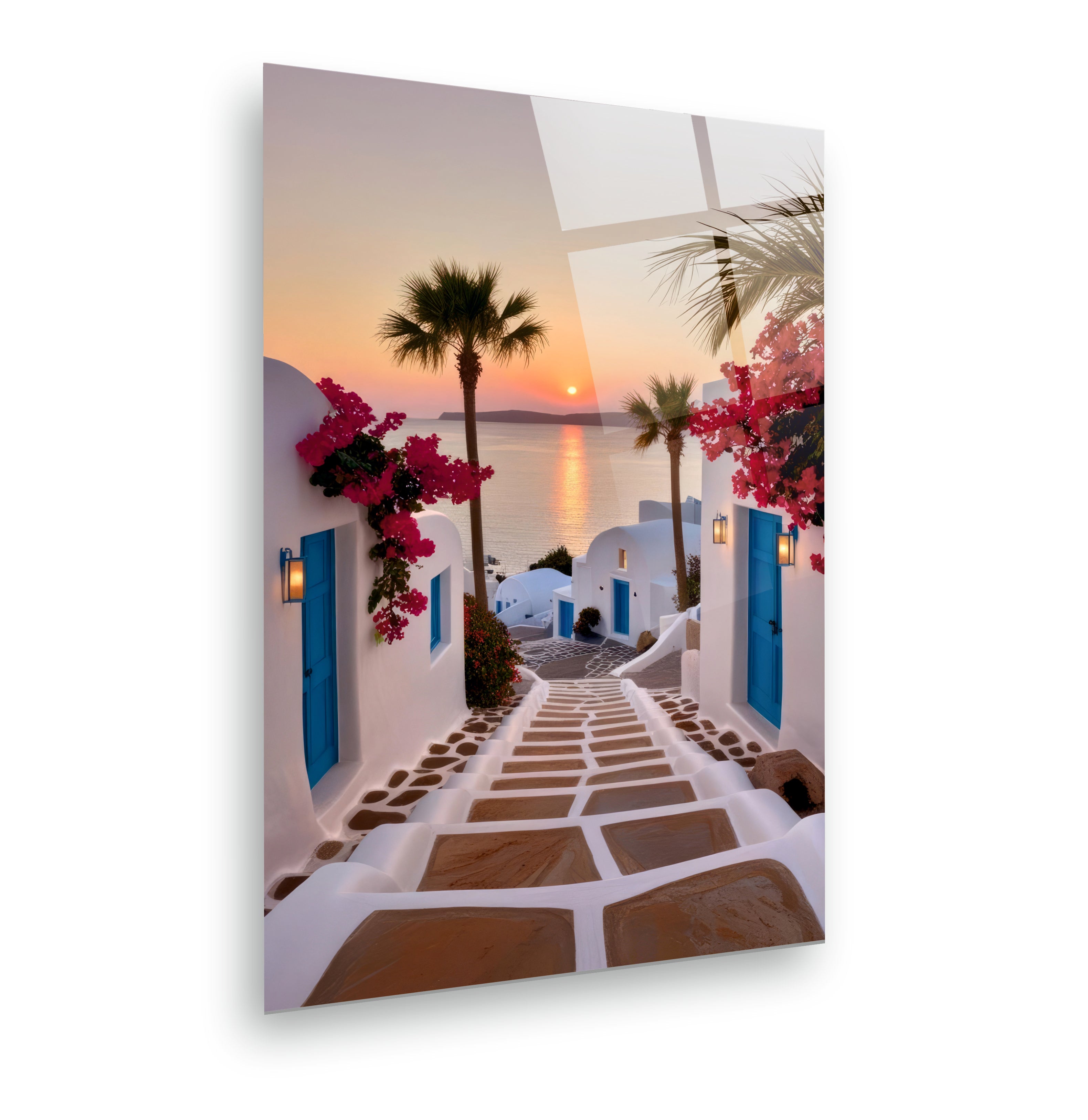 POPÜLER-43 Santorini Gün Batımı ve Deniz Manzarası Cam Tablo