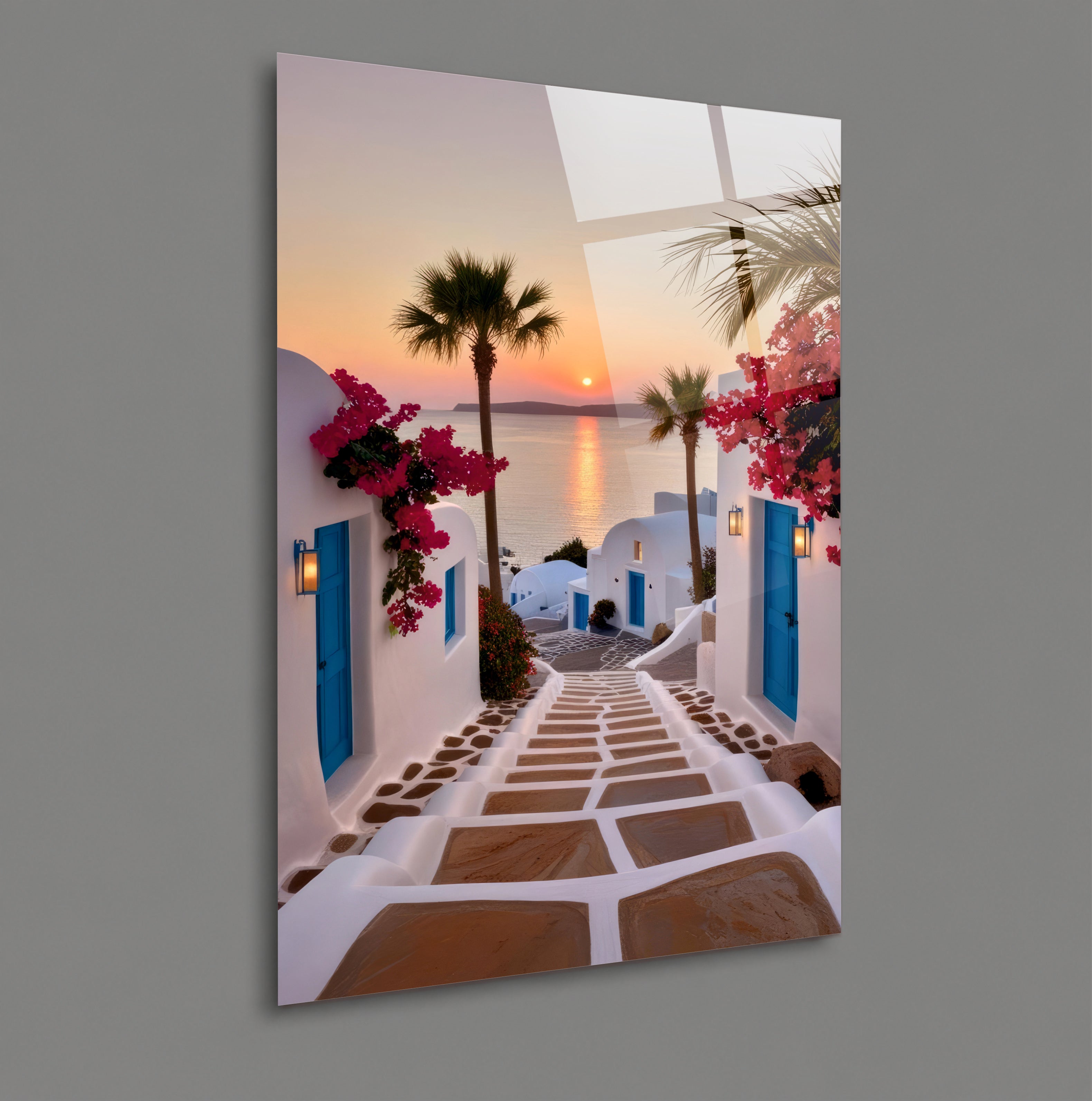 POPÜLER-43 Santorini Gün Batımı ve Deniz Manzarası Cam Tablo