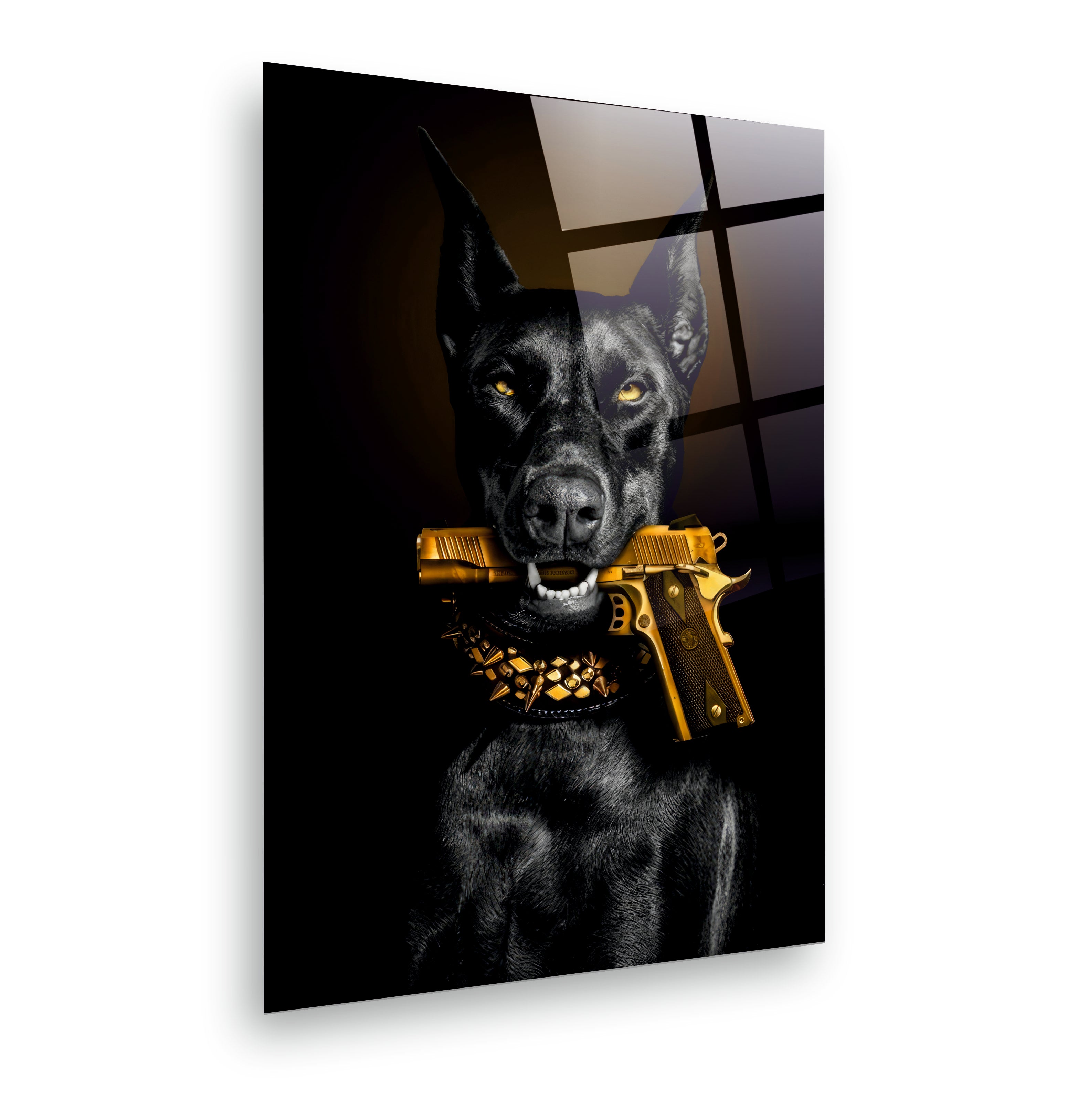 POPÜLER-44 Siyah Doberman ve Altın Detaylı Güçlü Karakter Cam Tablo
