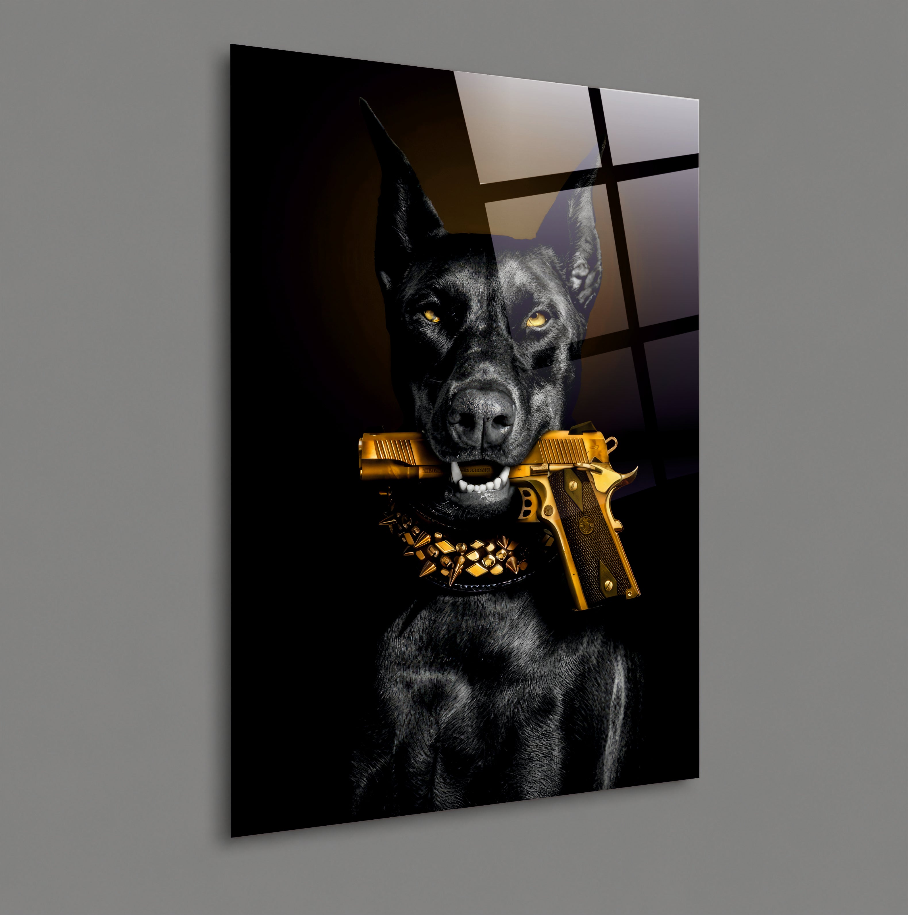 POPÜLER-44 Siyah Doberman ve Altın Detaylı Güçlü Karakter Cam Tablo