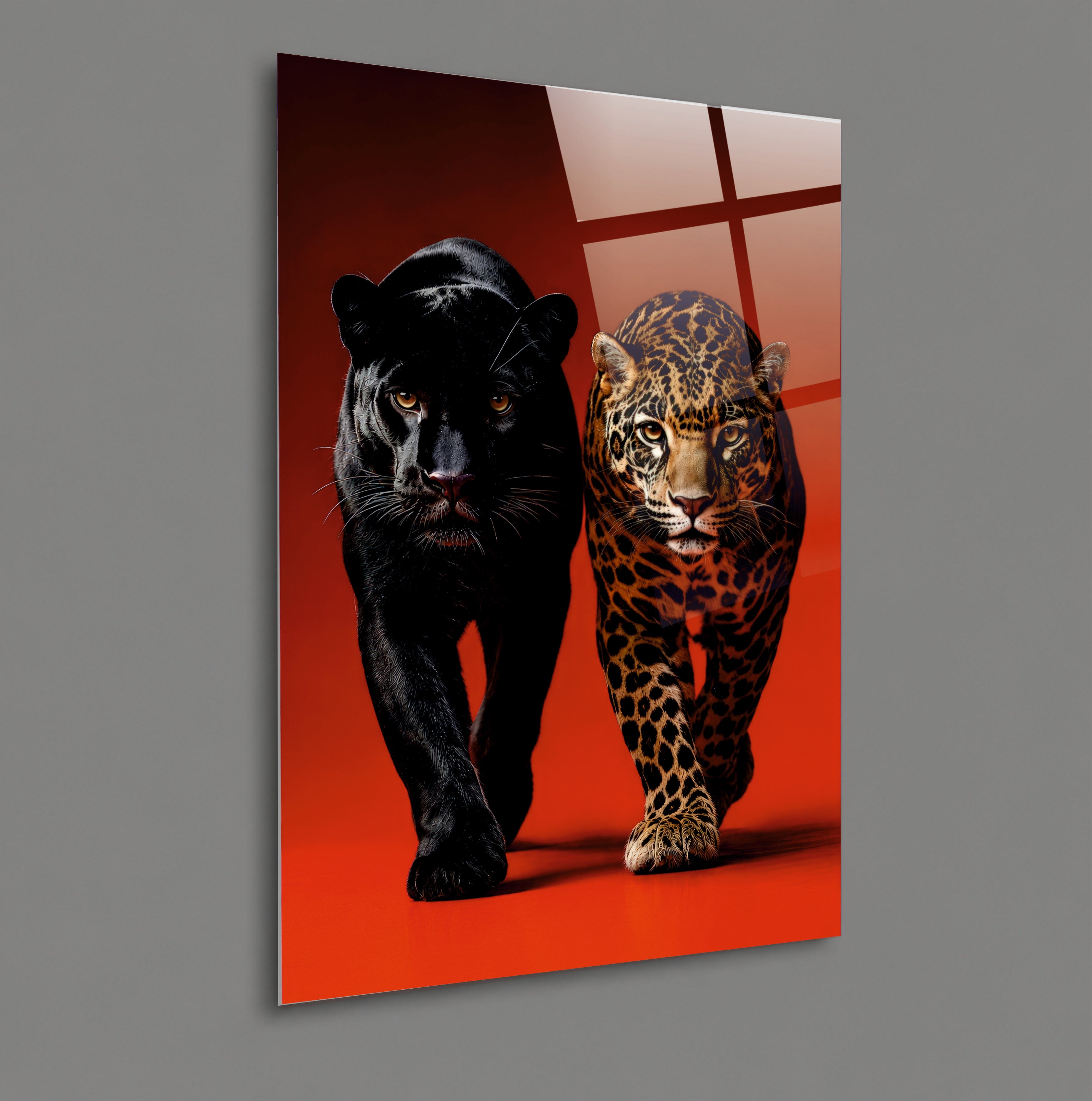 POPÜLER-45 Siyah Panter ve Leopar Güçlü Yırtıcılar Cam Tablo