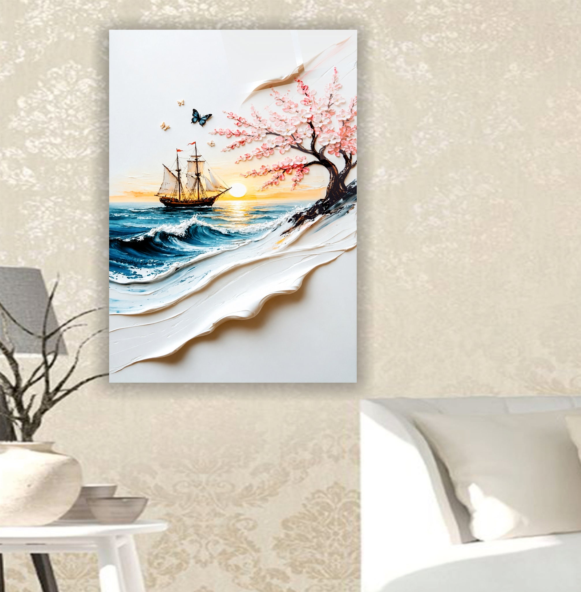 POPÜLER-49 Pembe Sakura ve Yelkenli Deniz Manzarası Temalı Modern Cam Tablo